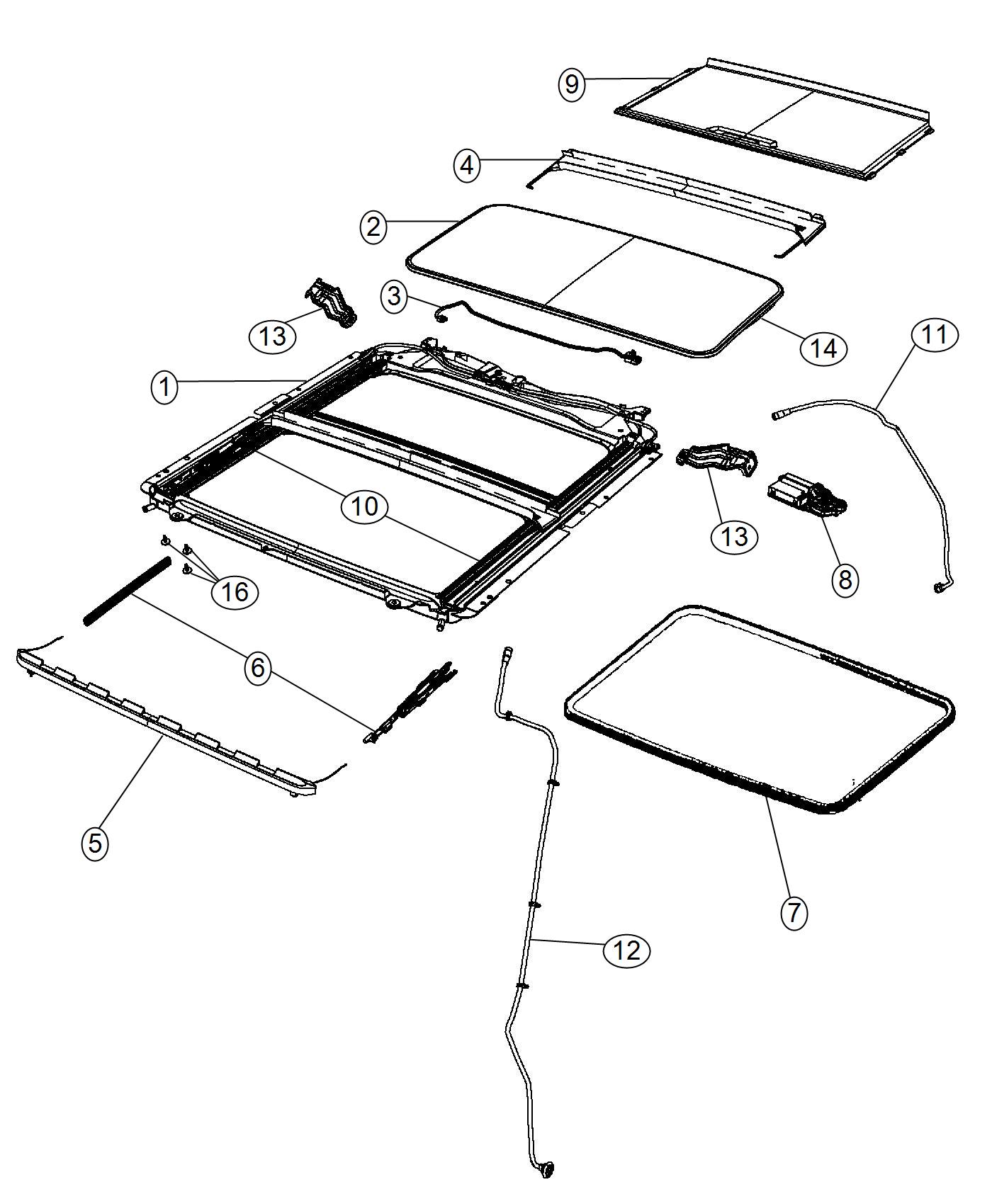 Sunroof Glass and Component Parts. Diagram