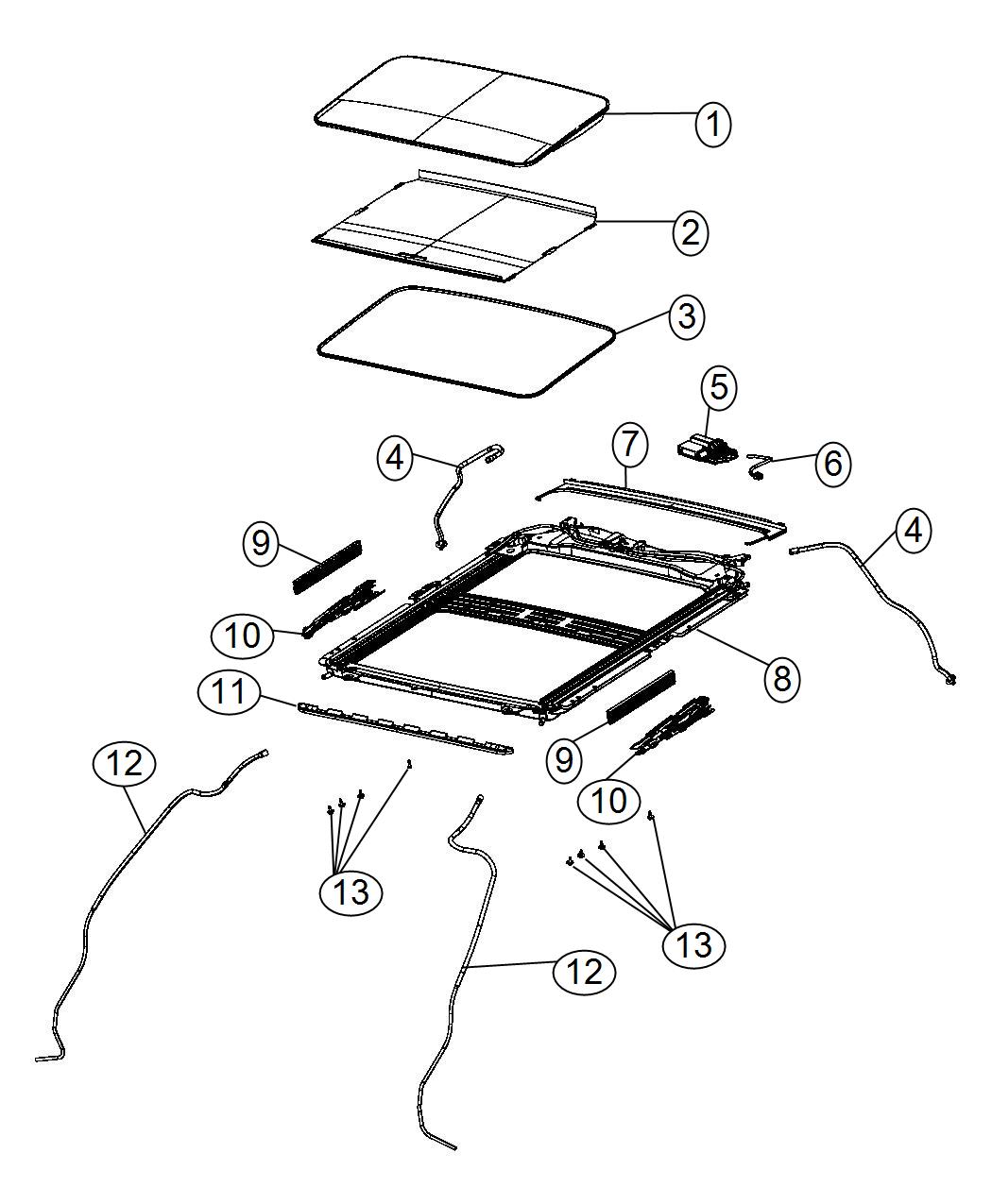 Diagram Sunroof Glass and Components Parts. for your 2000 Chrysler 300  M 