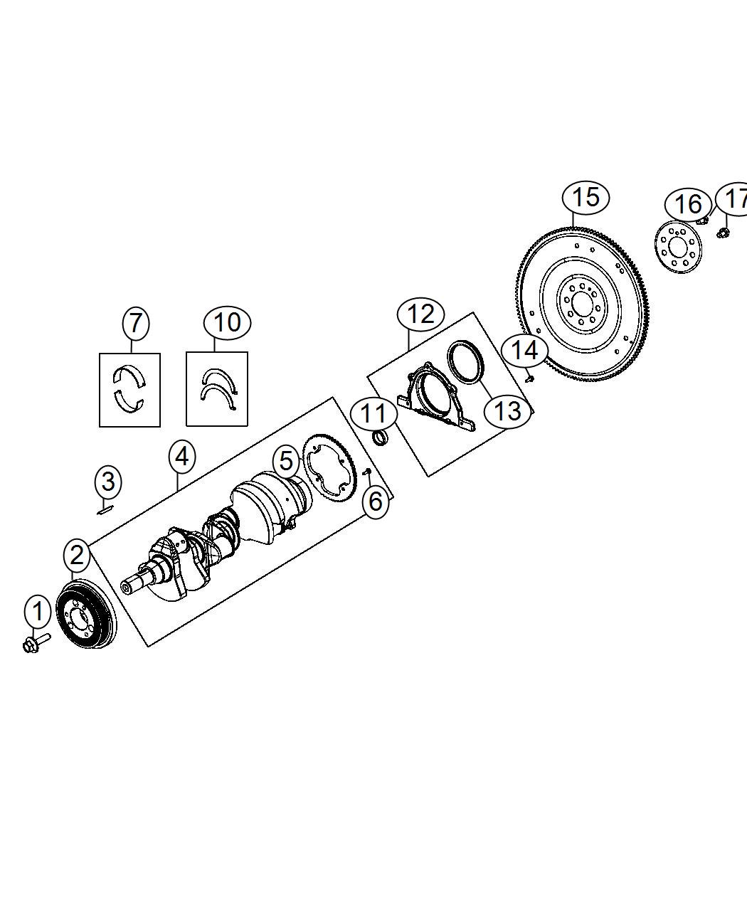 Diagram Crankshaft, Crankshaft Bearings, Damper And Flywheel 5.7L [5.7L V8 HEMI MDS VVT Engine]. for your 2002 Chrysler 300 M  