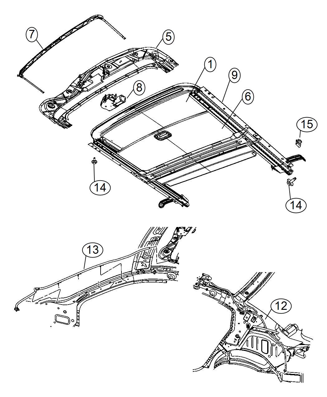 Diagram Sunroof Glass and Component Parts. for your Chrysler 200  