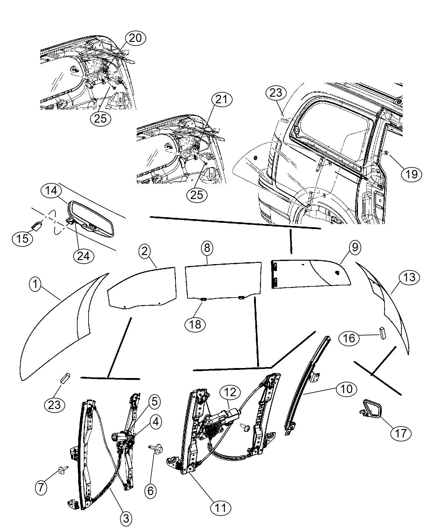 Glass, Glass Hardware and Regulators and Interior Mirrors. Diagram