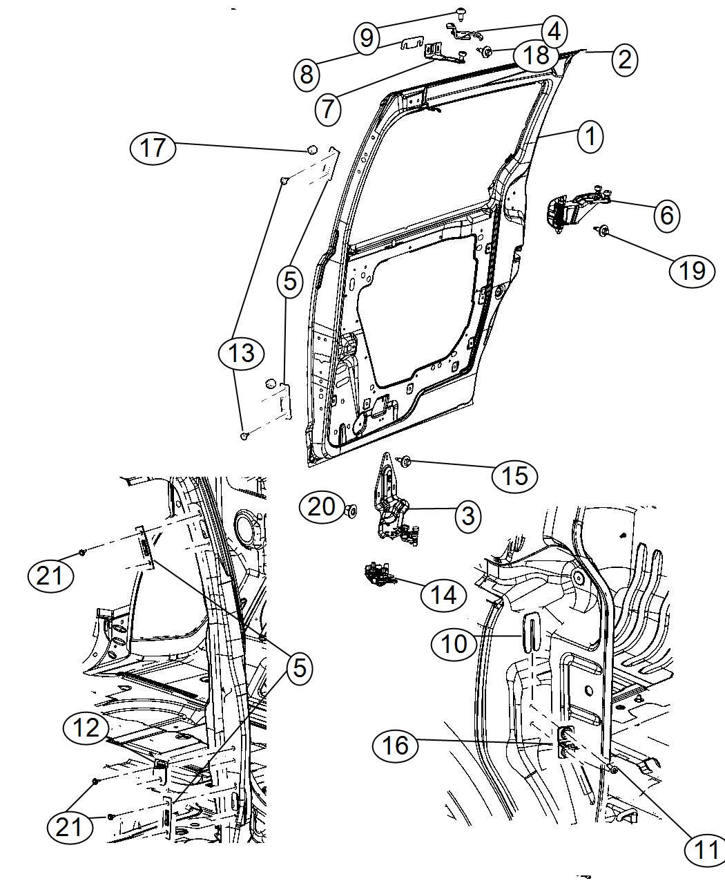 Diagram Sliding Door, Shell and Hinges. for your Chrysler Town & Country  