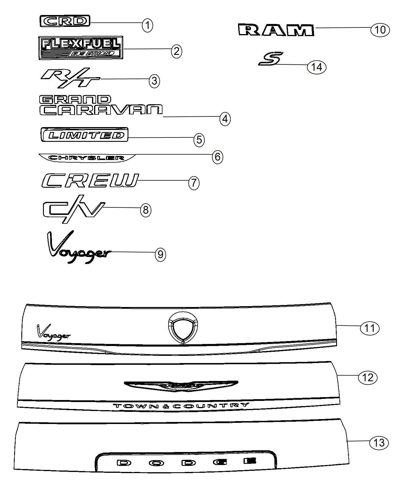 Diagram Nameplates, Emblems and Medallions. for your 2013 Chrysler