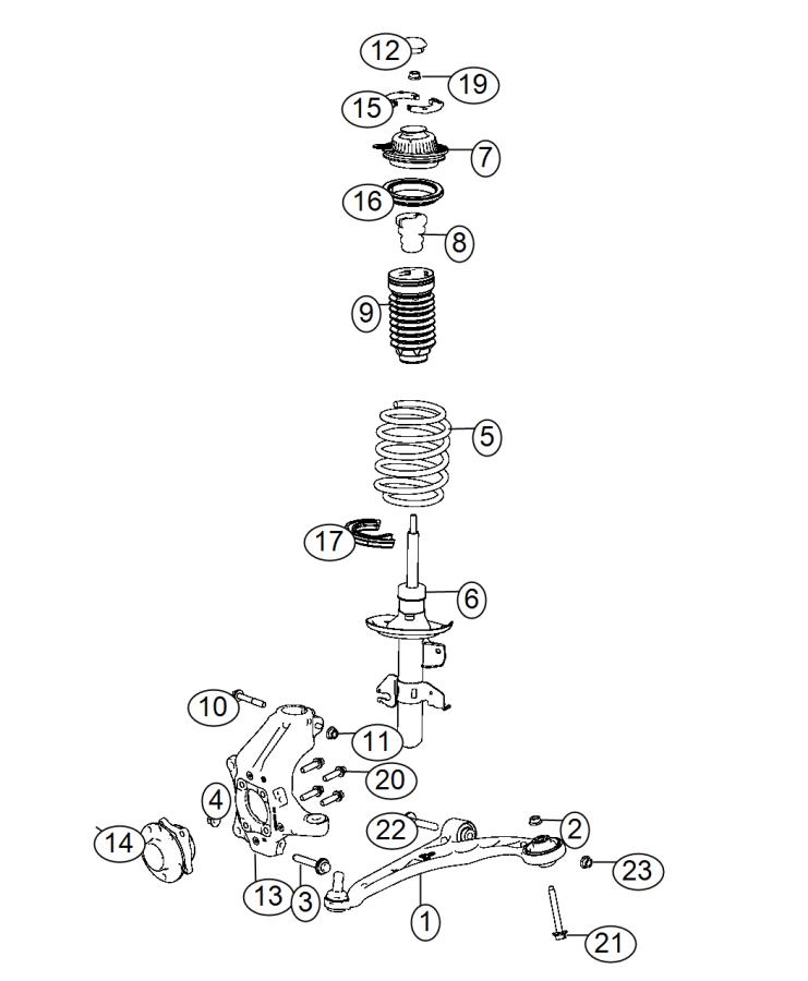 Diagram Front Suspension, Struts and Cradle. for your 2014 Dodge Dart   