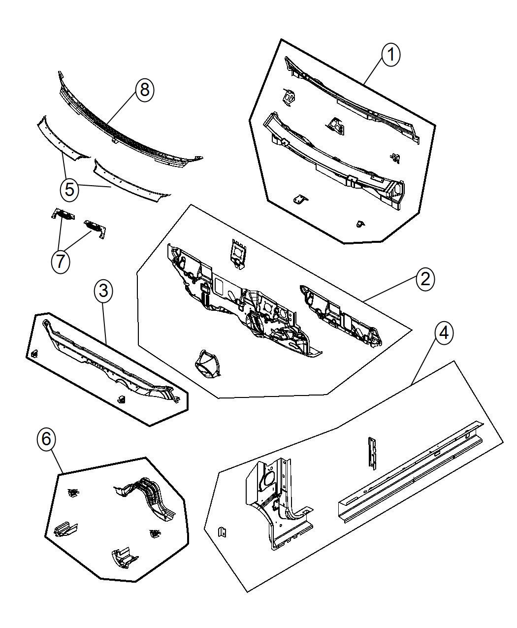 Diagram Cowl, Dash Panel, and Related Parts. for your 2014 Dodge Journey   