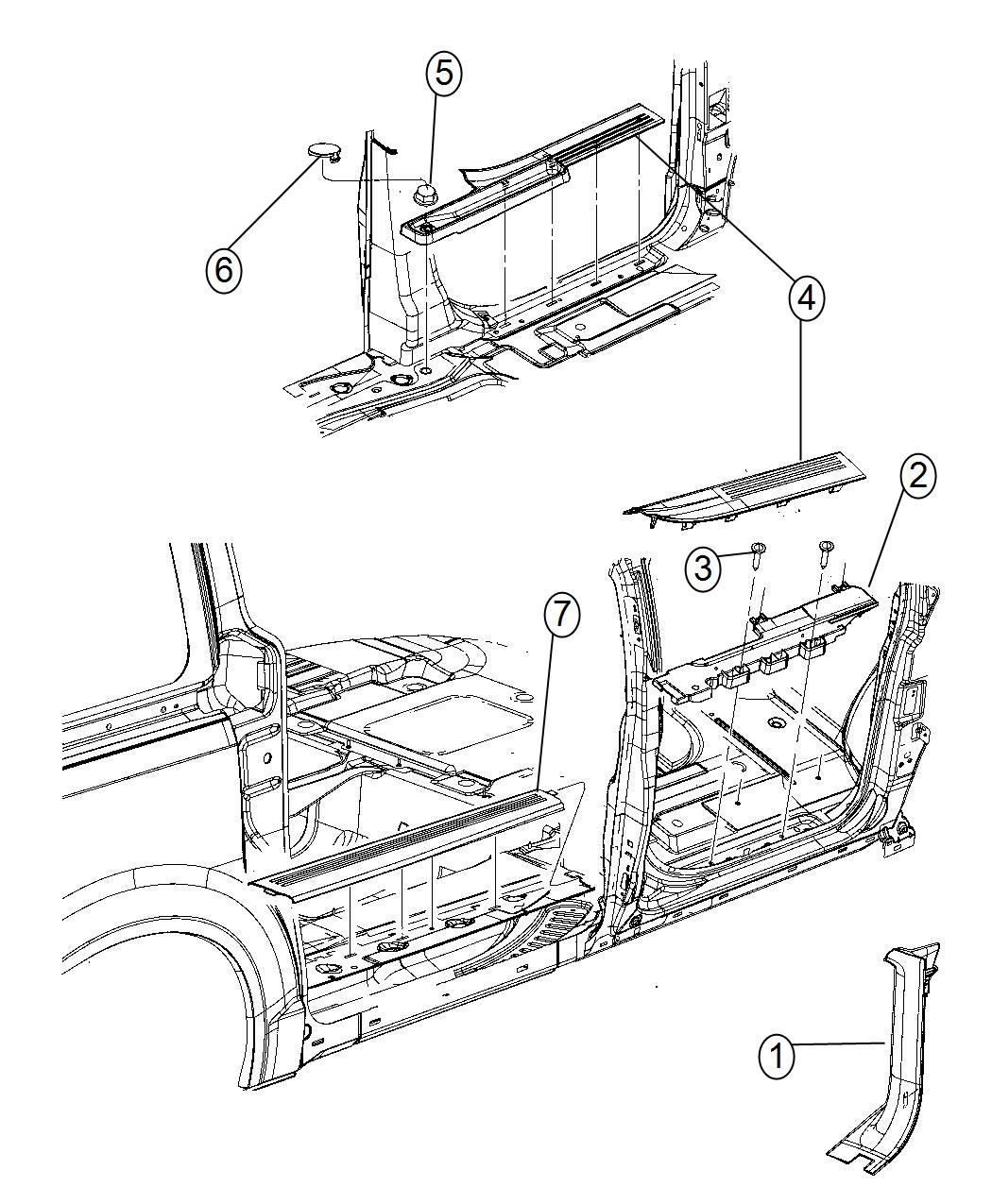 Diagram Cowl Side Panel and Scuff Plates. for your 1999 Chrysler 300  M 