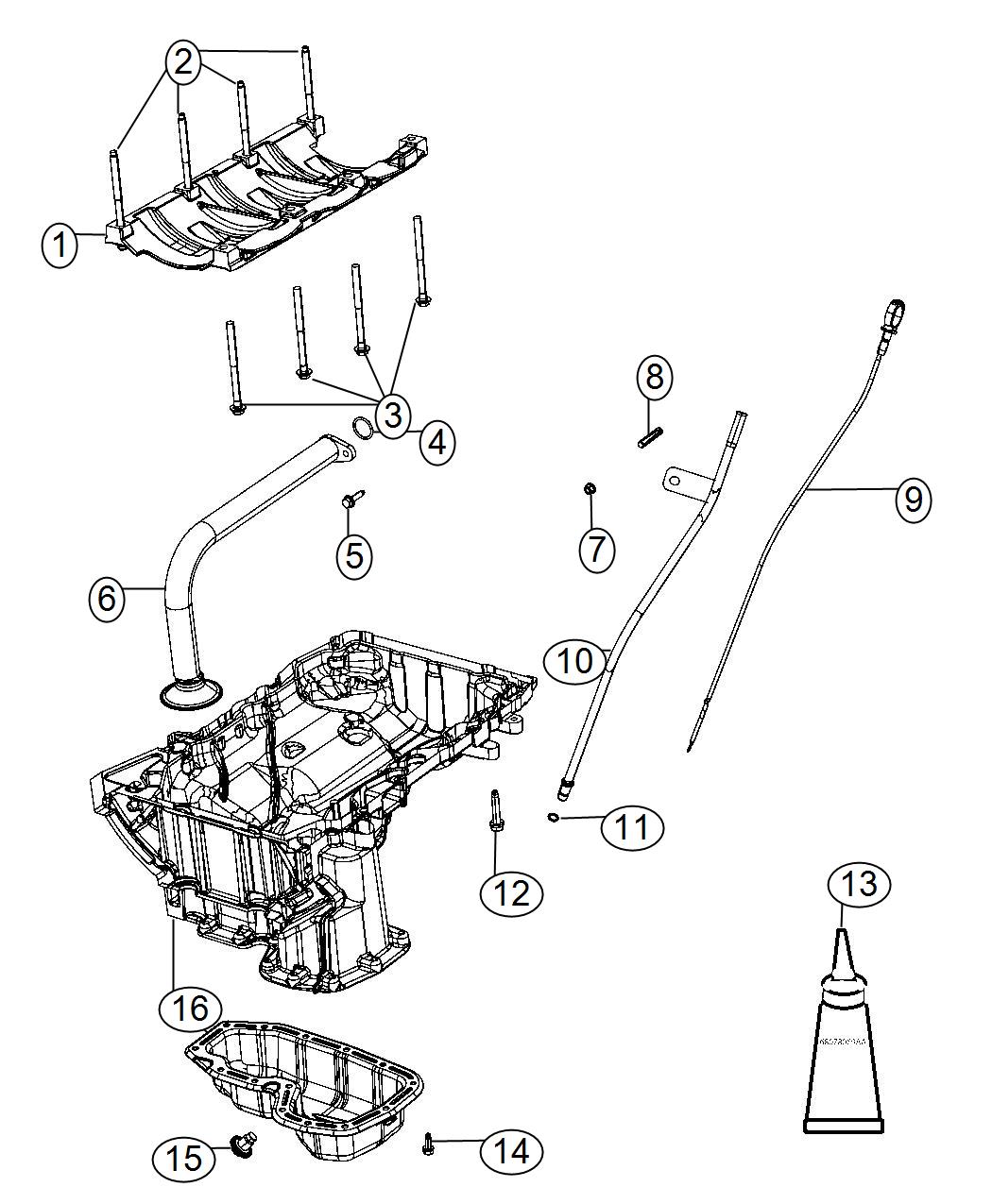 Diagram Engine Oil Pan, Engine Oil Level Indicator And Related Parts 3.6L [3.6L V6 24V VVT Engine]. for your Chrysler 300  M