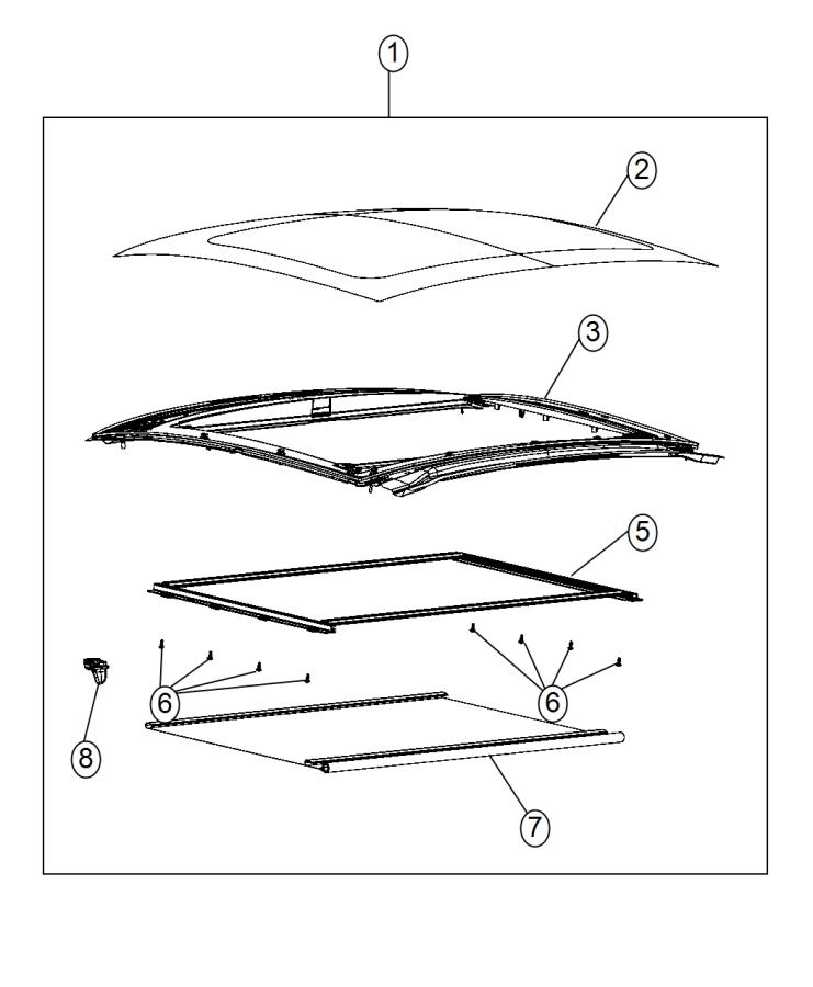 Diagram Sunroof Glass and Component Parts [Fixed Glass Roof]. for your 2023 Fiat 500X   