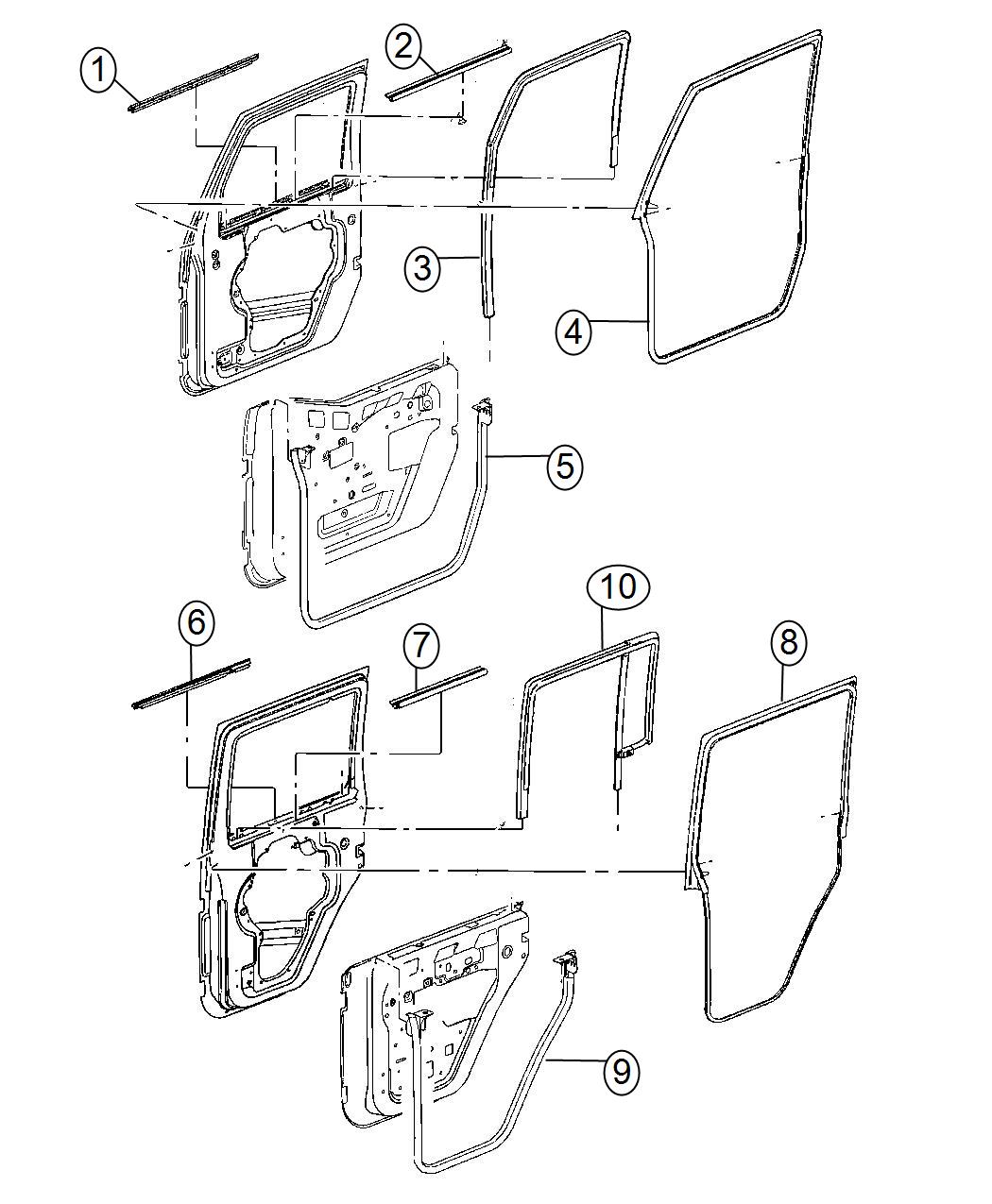 Diagram Body Weatherstrips and Seals. for your 2014 Jeep Wrangler 3.6L V6 A/T 4X4 Unlimited Rubicon 