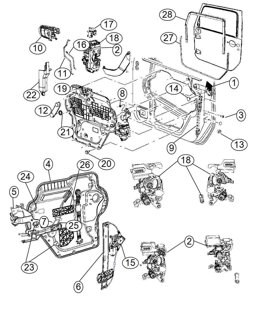 Diagram Front Door, Hardware Components, Full Door. for your 2014 Jeep Wrangler 3.6L V6 M/T 4X4 Unlimited Sahara 