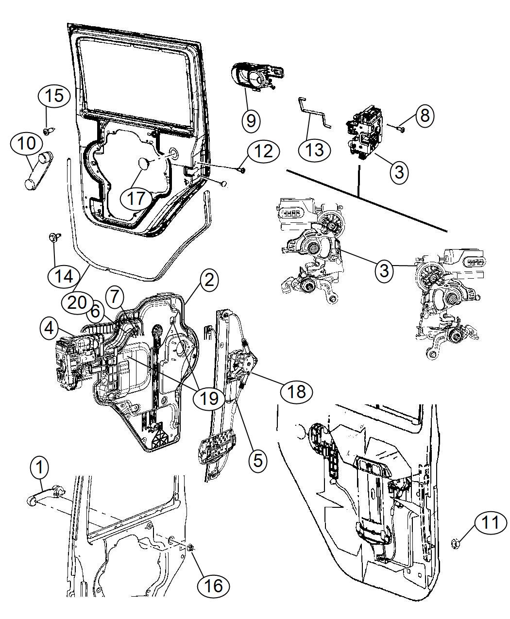 Diagram Rear Door, Hardware Components, Full Door. for your 2014 Jeep Wrangler 3.6L V6 M/T 4X4 Unlimited Sahara 