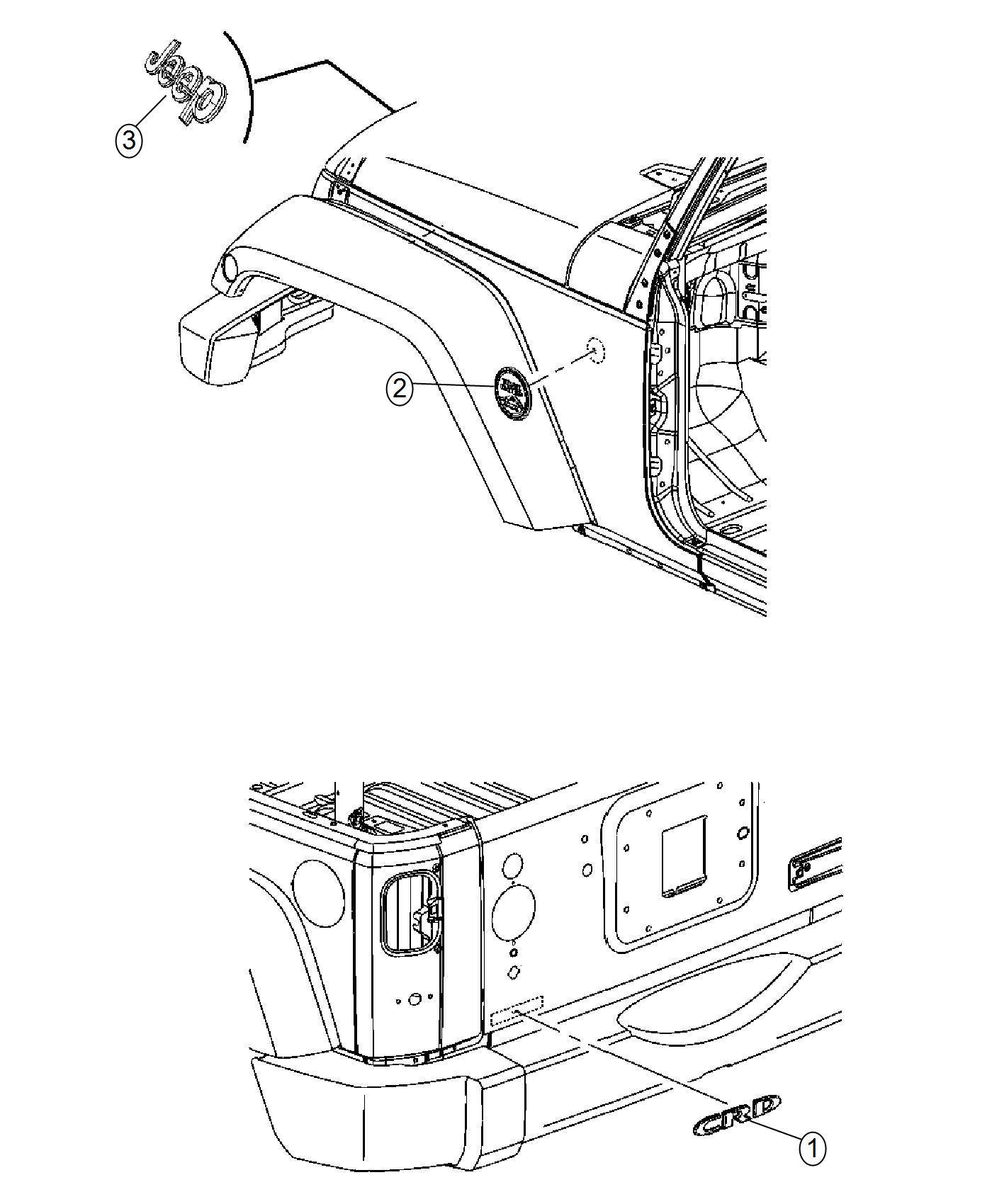 Diagram Nameplates, Emblem and Medallions. for your 2024 Jeep Wrangler   