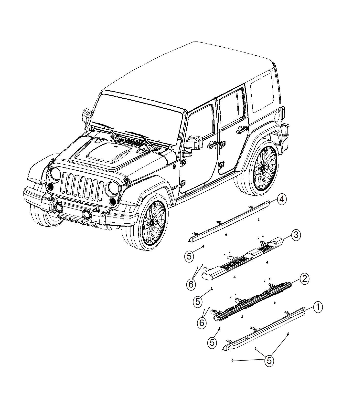 Diagram Running Boards and Side Steps. for your 2014 Jeep Wrangler   