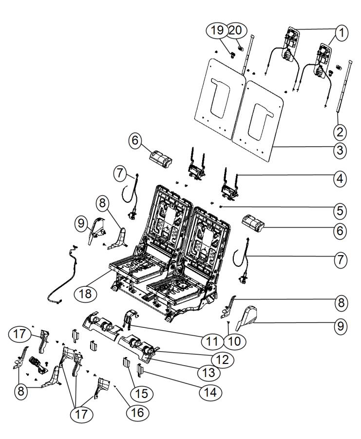 Diagram Third Row - Adjusters, Recliners and Shields - 50/50 Split Seat. for your Dodge