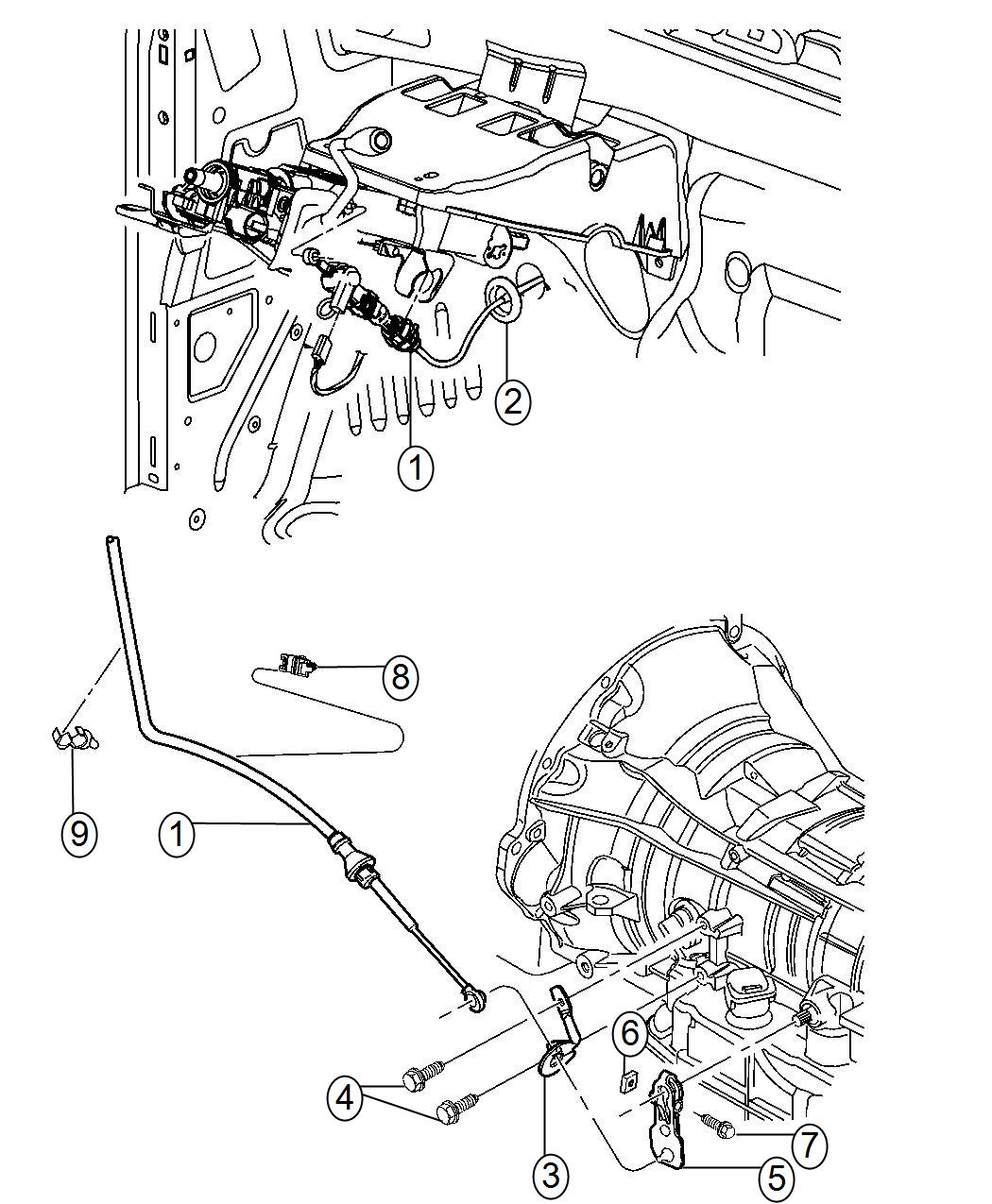 Diagram Gearshift Lever, Cable and Bracket. for your 2014 Ram 2500   