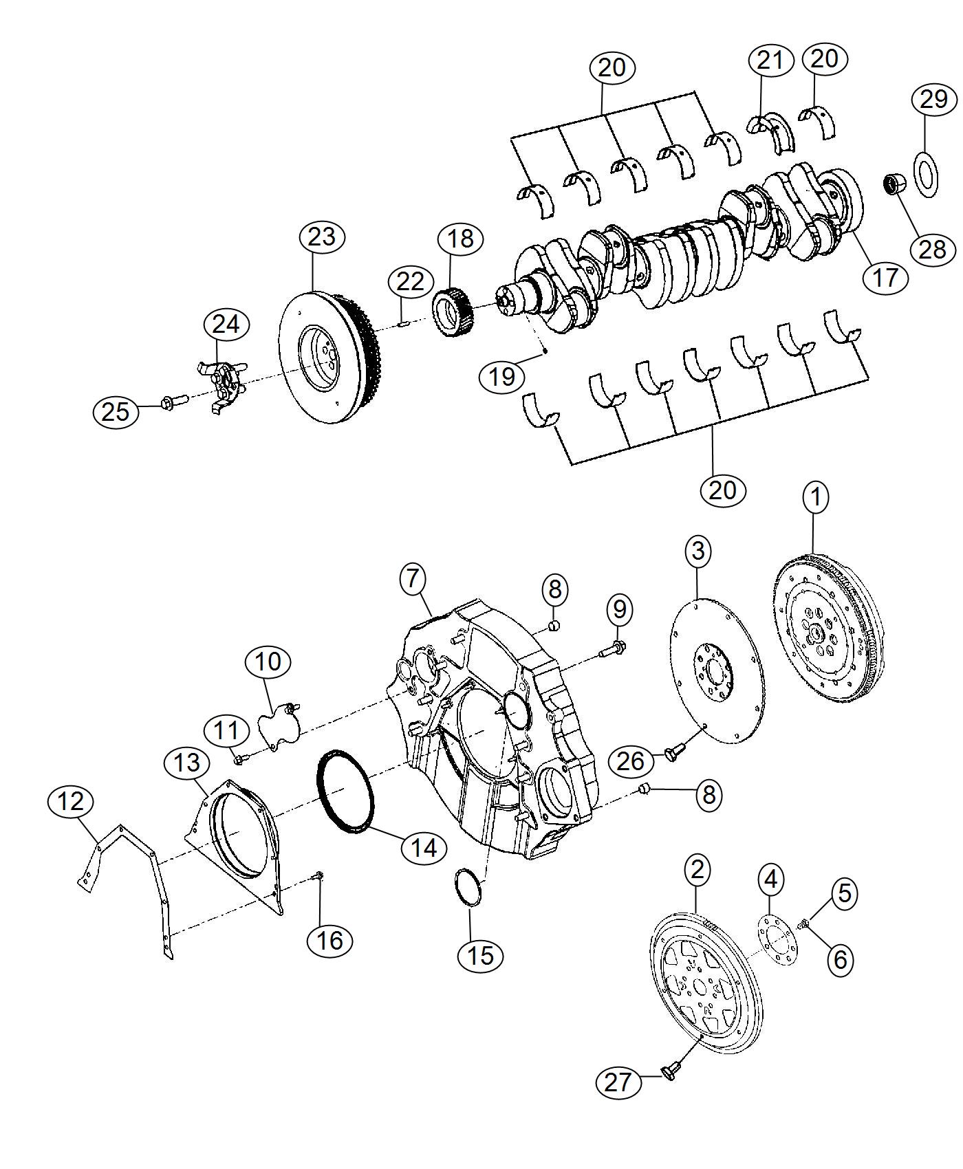 Diagram Crankshaft, Crankshaft Bearings, Damper And Flywheel 6.7L Diesel [6.7L I6 Cummins Turbo Diesel Engine]. for your Chrysler 300  M