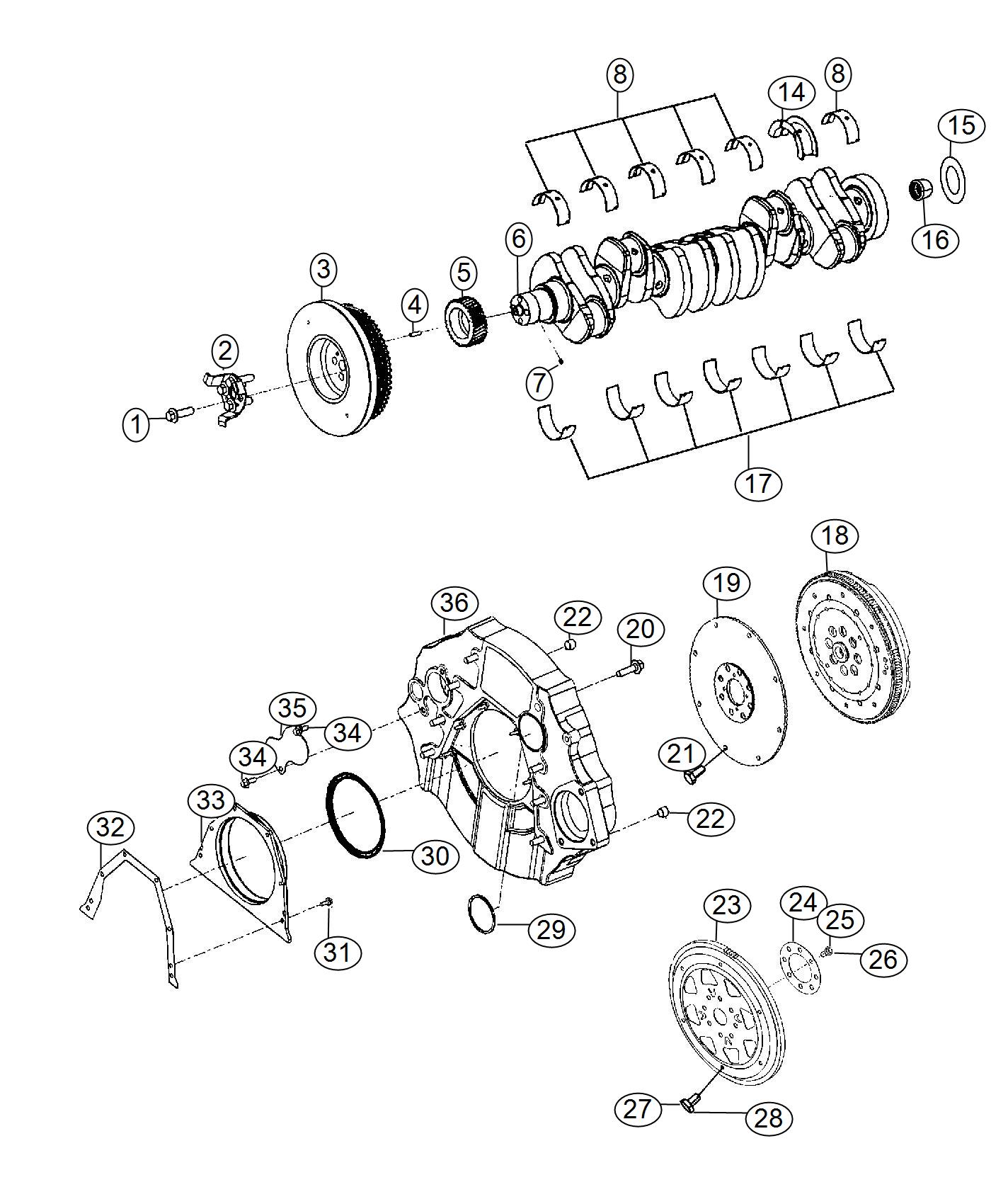 Diagram Crankshaft, Crankshaft Bearings, Damper And Flywheel 6.7L Diesel [6.7L I6 Cummins Turbo Diesel Engine]. for your Chrysler 300  M