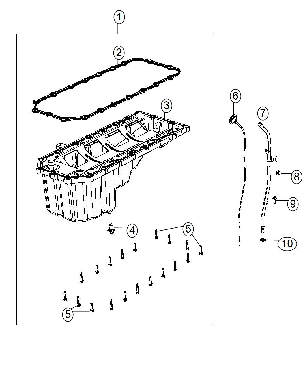 Diagram Engine Oil Pan, Engine Oil Level Indicator And Related Parts 5.7L [5.7L V8 HEMI MDS VVT Engine]. for your 2004 Chrysler 300  M 