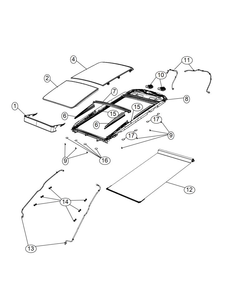 Diagram Sunroof and Componet Parts [Full Sunroof, Pwr Frt, Fixed Rear]. for your 1999 Jeep Cherokee   