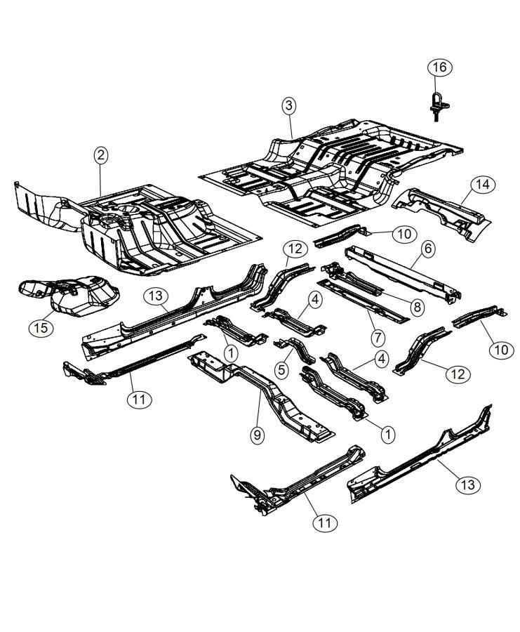 Diagram Front ,Center and Rear Floor Pan Body-74. for your 2015 Jeep Wrangler 3.6L V6 A/T 4X4 Unlimited Rubicon 