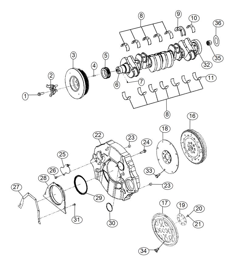 Diagram Crankshaft, Crankshaft Bearings, Damper And Flywheel 6.7L Diesel [6.7L I6 Cummins Turbo Diesel Engine]. for your Chrysler 300  M