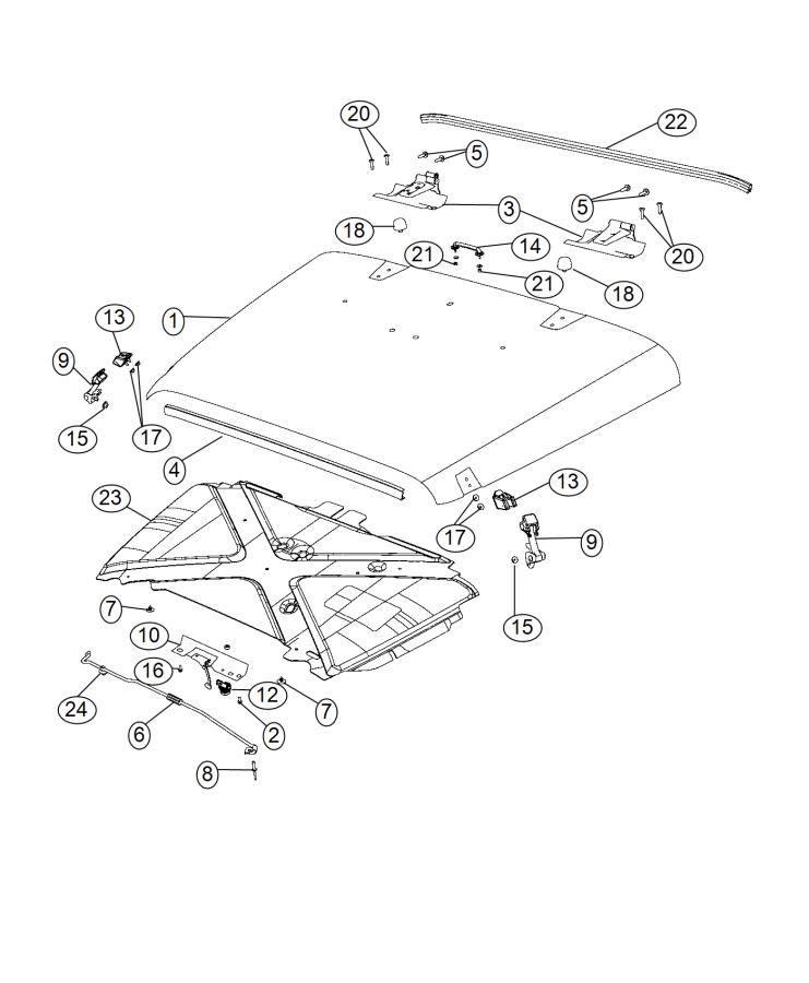 Diagram Hood and Related Parts. for your 2013 Jeep Wrangler 3.6L V6 A/T 4X4 Unlimited Sahara 