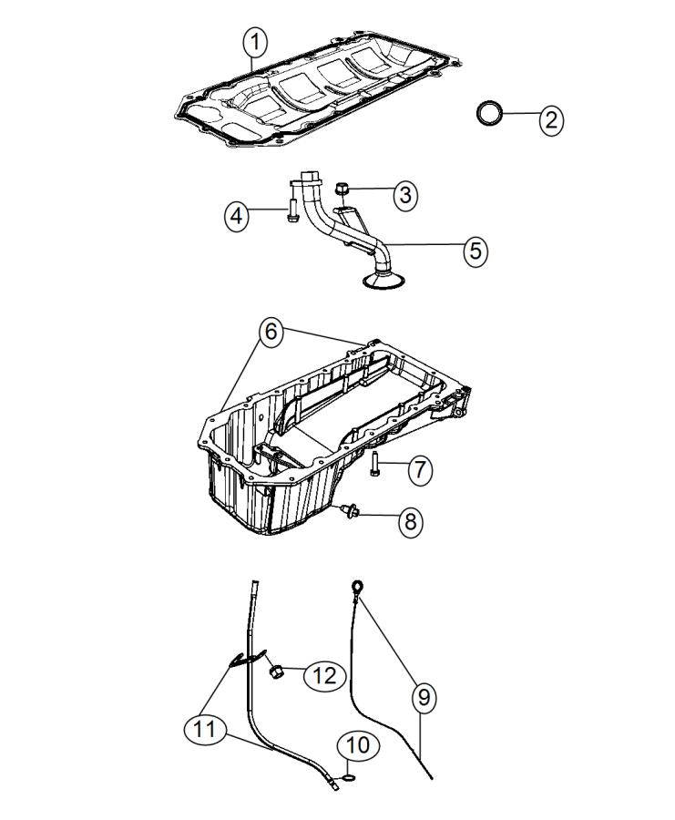 Diagram Engine Oil Pan, Engine Oil Level Indicator And Related Parts 6.4L [6.4L V8 SRT HEMI MDS Engine]. for your Dodge
