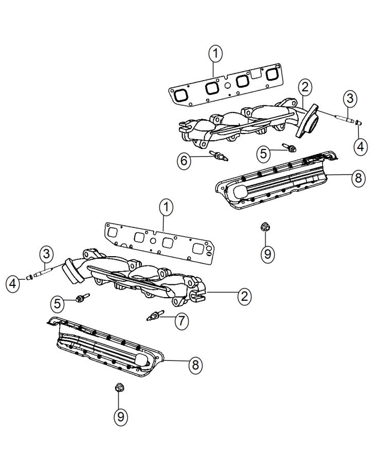 Diagram Exhaust Manifolds And Heat Shields 5.7L [5.7L V8 HEMI MDS VVT Engine]. for your 2015 Dodge Charger 5.7L HEMI V8 POLICE 