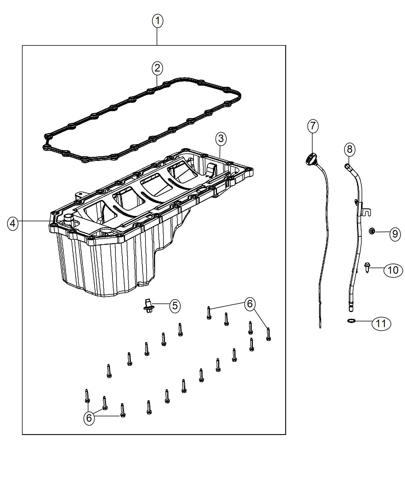 Diagram Engine Oil Pan, Engine Oil Level Indicator And Related Parts 5.7L [5.7L V8 HEMI MDS VVT Engine]. for your 2000 Chrysler 300  M 