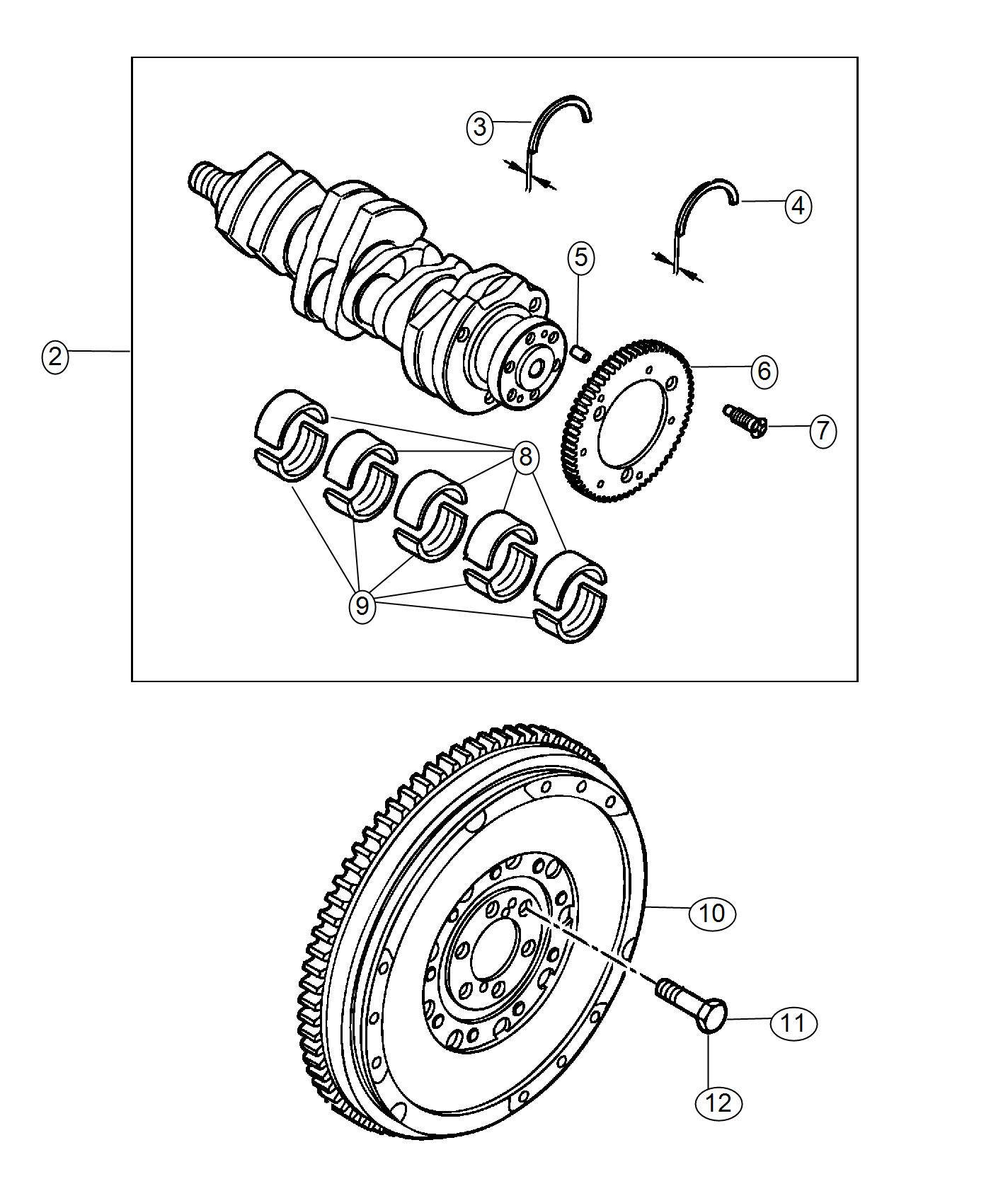 Diagram Crankshaft, Crankshaft Bearings, Damper And Flywheel 2.0L Diesel [2.0L I4 Turbo Diesel Engine]. for your 2012 Jeep Grand Cherokee 5.7L V8 4X4  