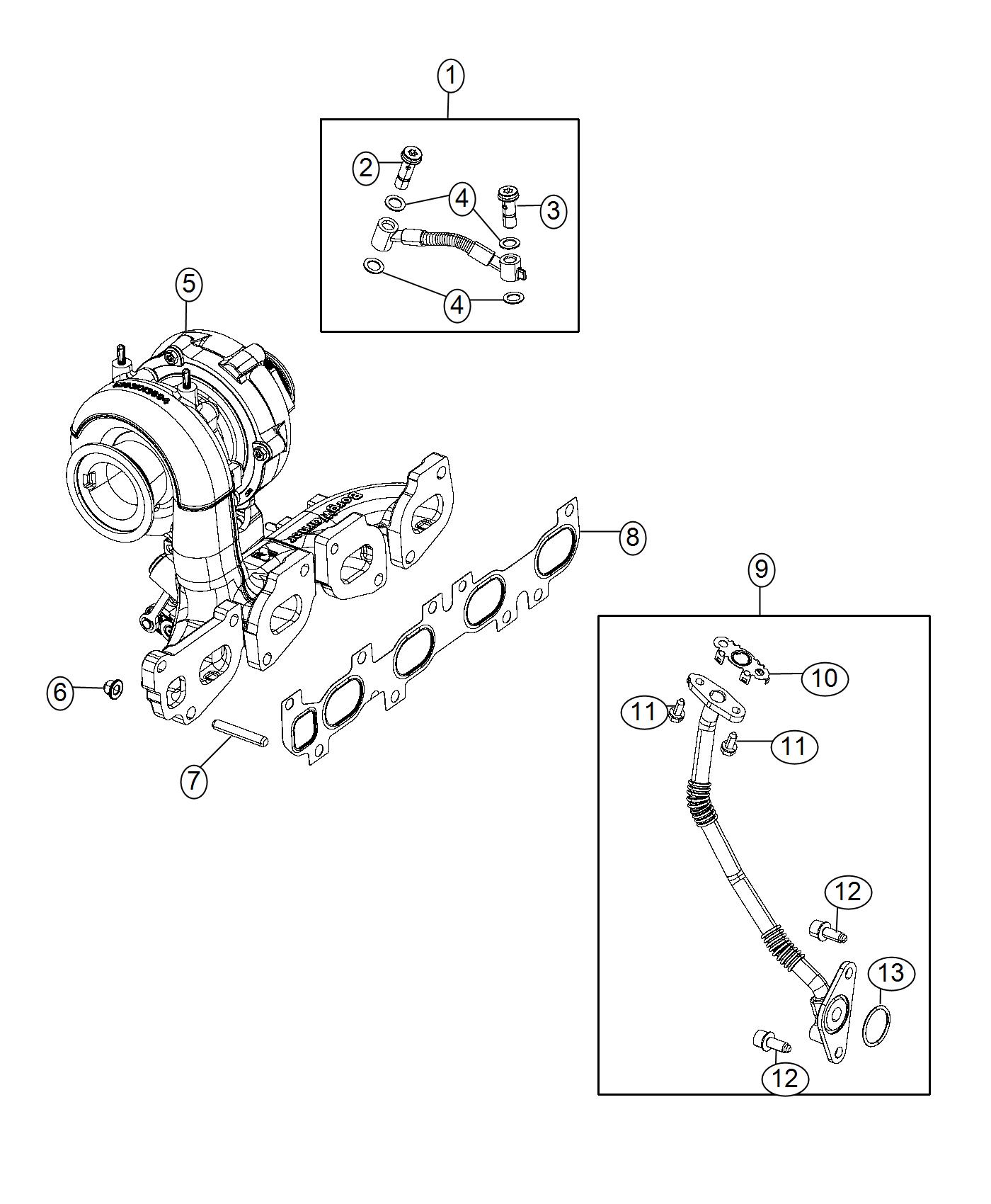 Diagram Turbocharger/Exhaust Manifold And Oil Hoses/Tubes 2.2L Diesel [2.2L I4 Turbo Diesel Engine]. for your Jeep