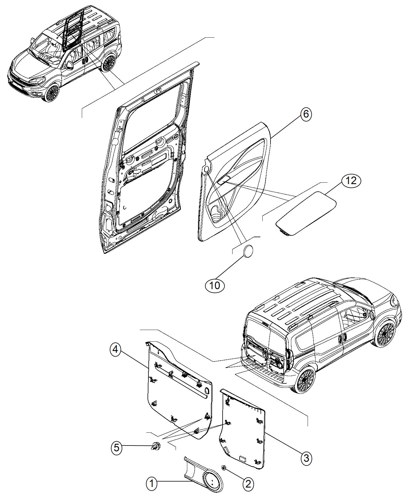 Diagram Sliding Door And Rear Cargo Door Trim Panels. for your 2015 Ram ProMaster City   