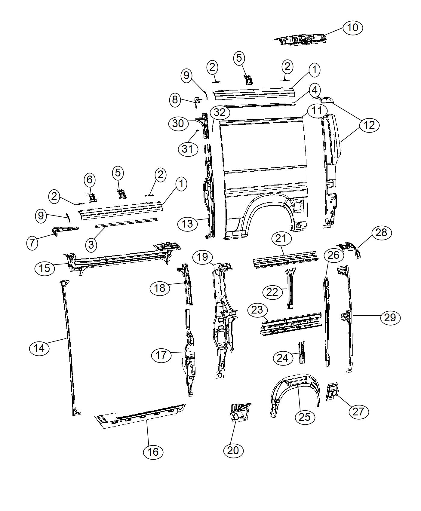 Diagram Panels Body Side 136 Wheel Base with Left Sliding Door. for your Ram 2500  