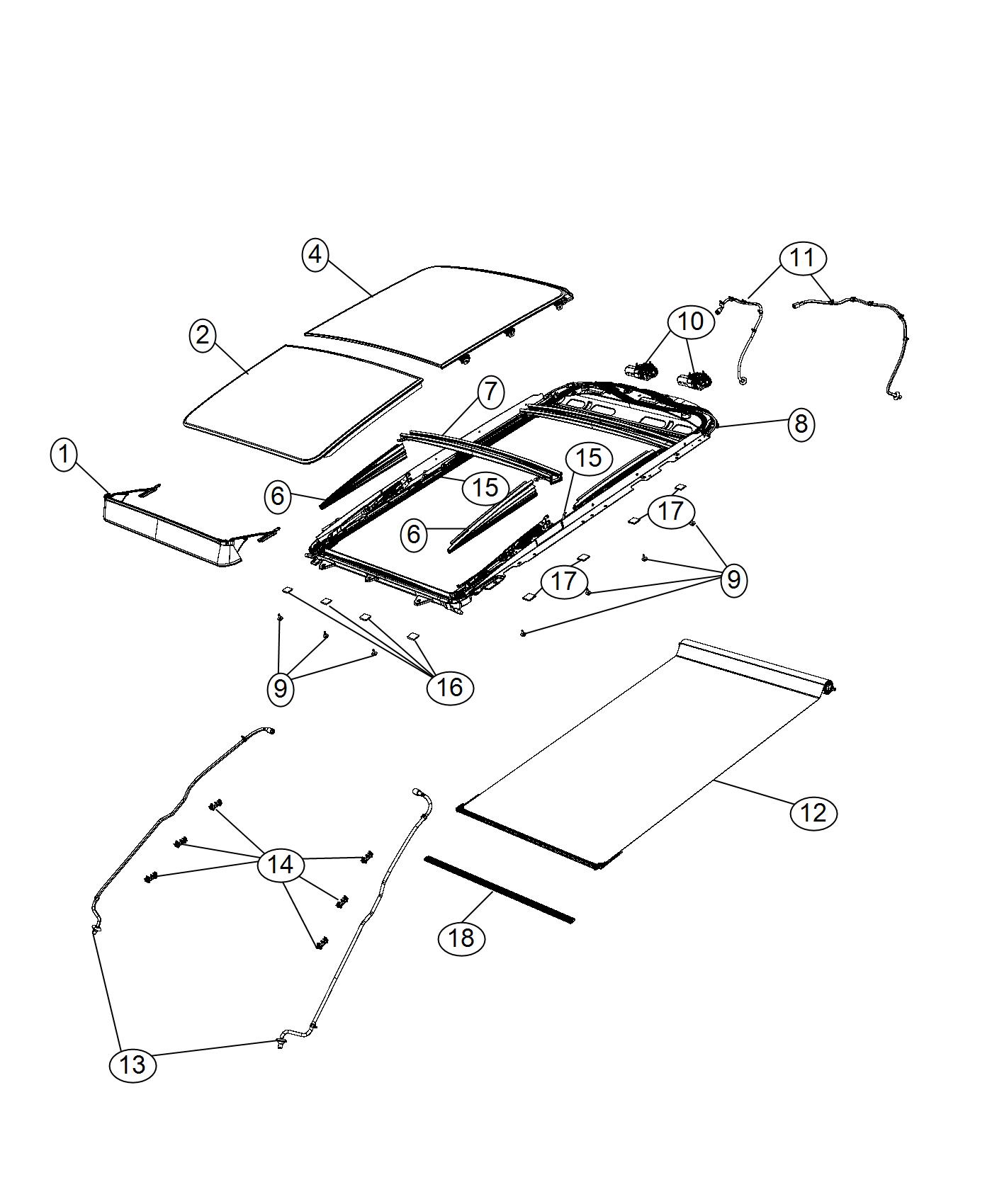 Diagram Sunroof and Componet Parts [Full Sunroof, Pwr Frt, Fixed Rear]. for your 1999 Jeep Cherokee   