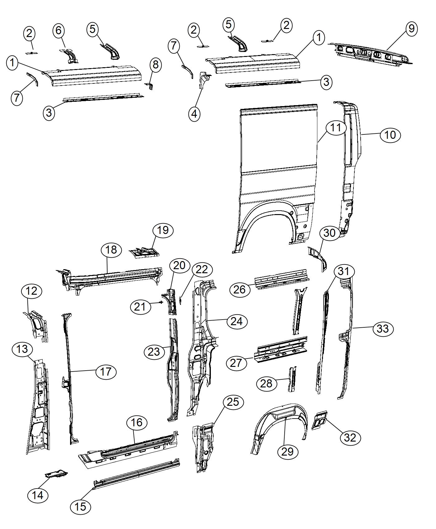 Diagram Panel Body Side 118 Wheel base with Left Sliding Door. for your 1999 Chrysler 300  M 