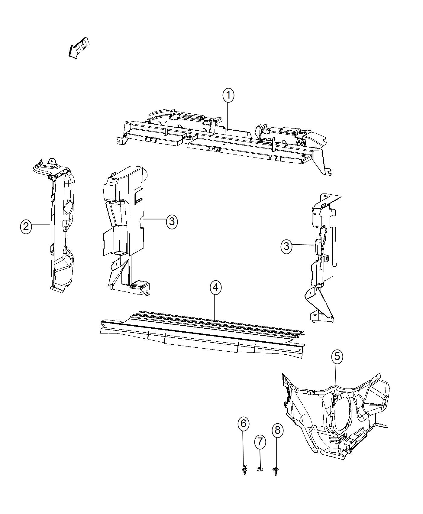 Diagram Radiator Shields, Seals, Baffles. for your 2012 Ram 2500   