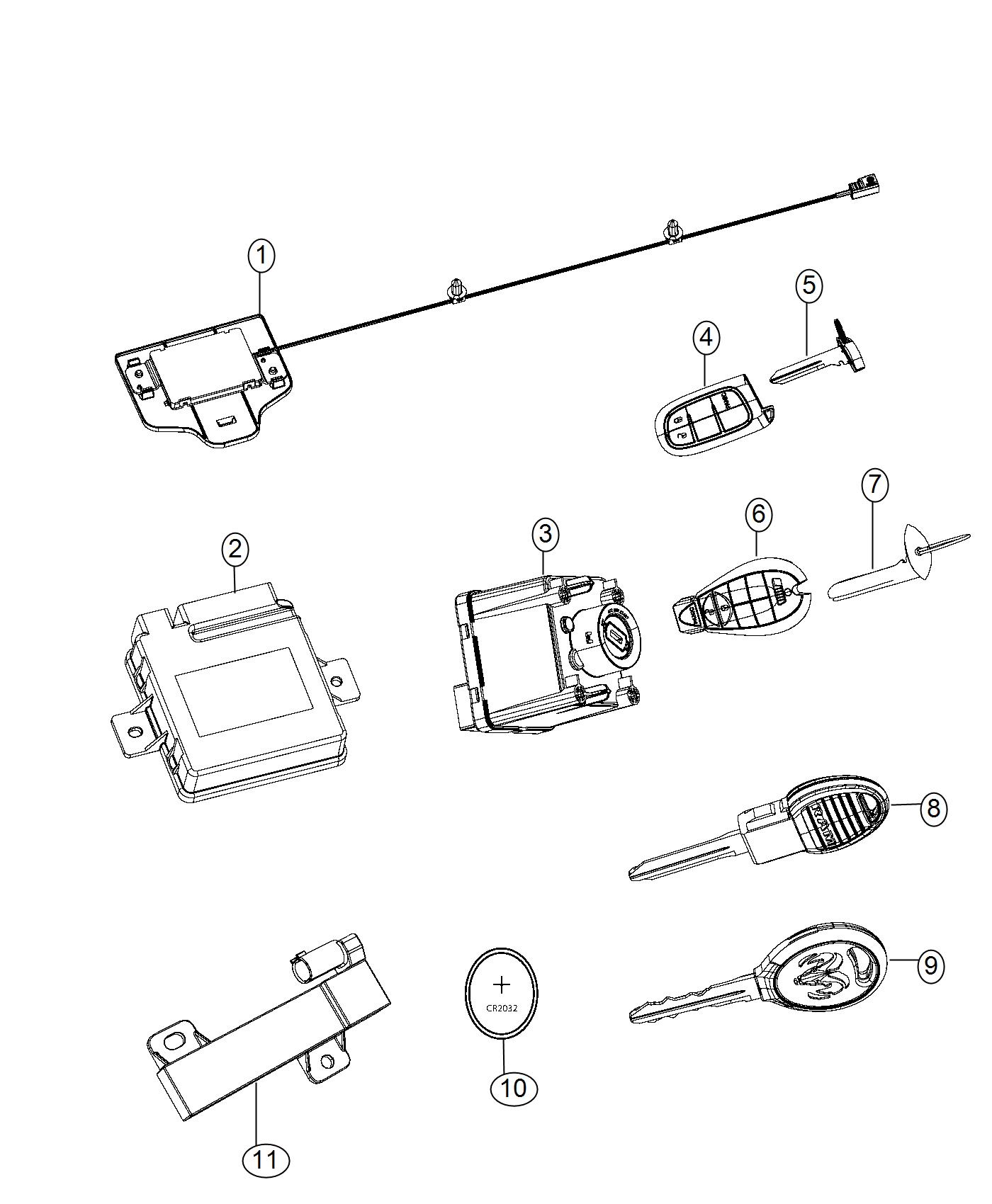 Diagram Modules, Receiver Hub, Keys, and Key FOBs. for your 2001 Jeep Wrangler   