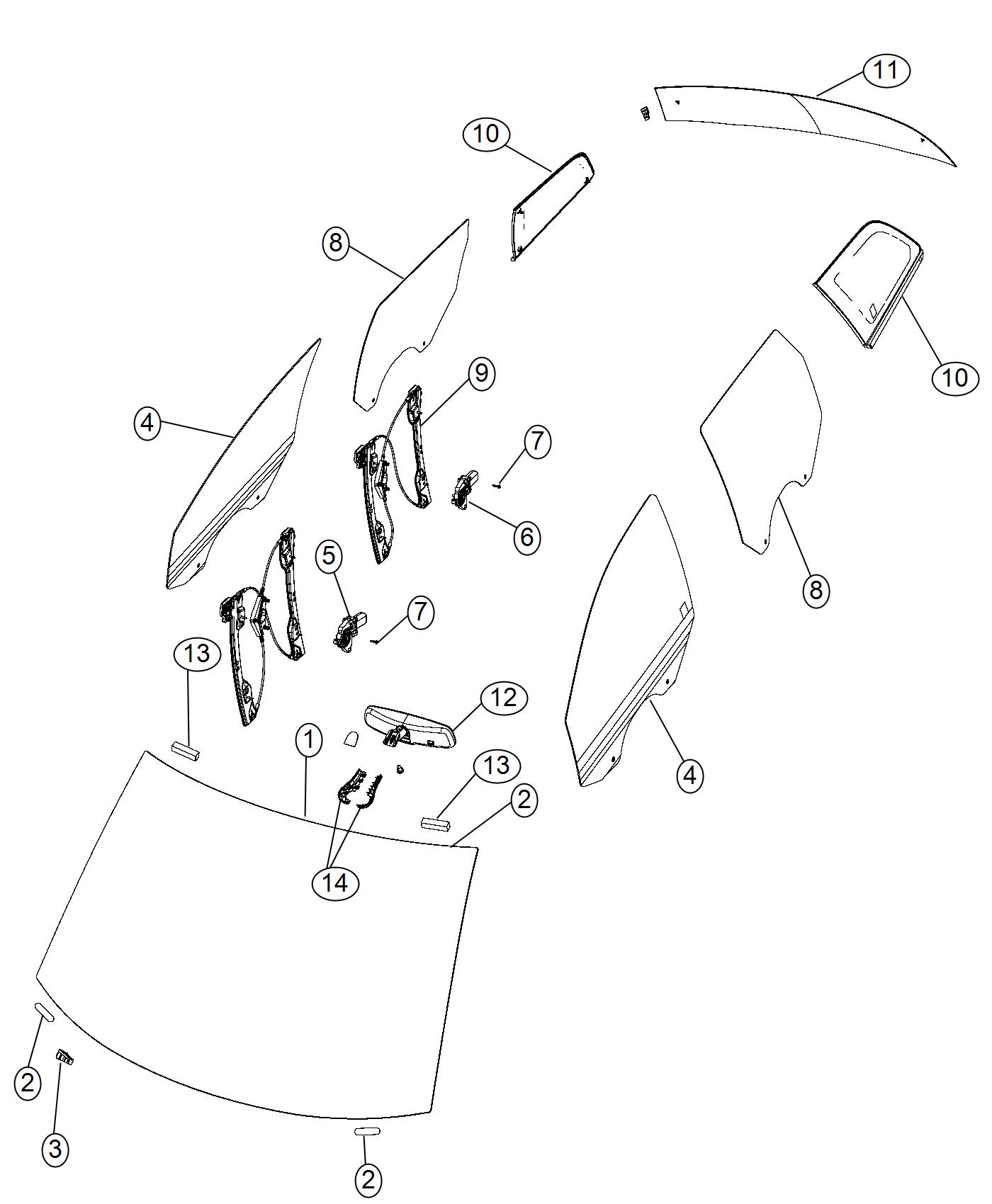 Diagram Glass, Glass Hardware and Regulators and Interior Mirrors. for your Dodge Journey  