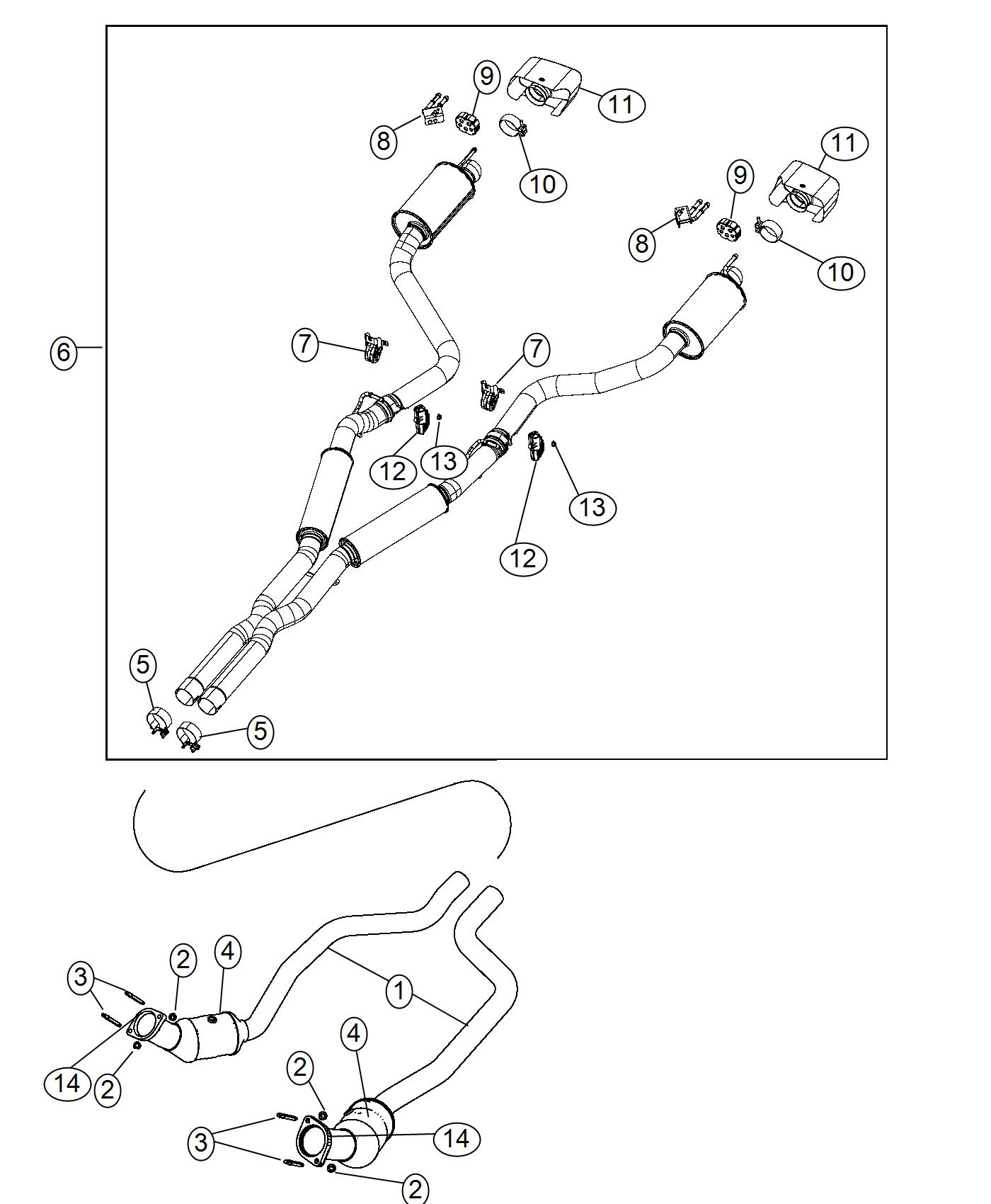 Diagram Exhaust System, 6.2L,6.4L [6.2L SUPERCHARGED HEMI V8 SRT ENGINE],[6.4L V8 SRT HEMI MDS Engine],[6.4L V8 SRT HEMI Engine]. for your 1999 Chrysler 300  M 