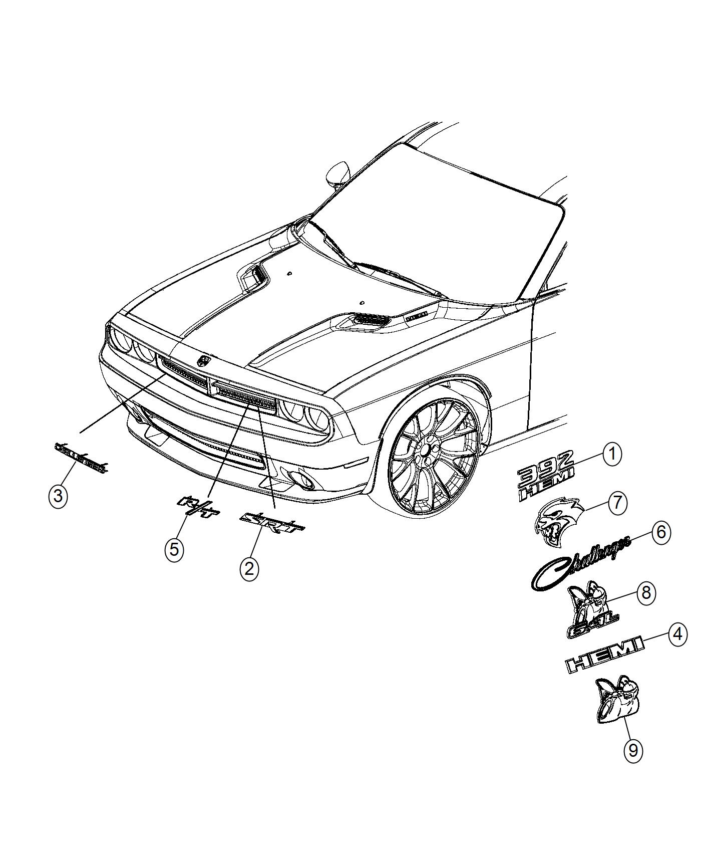 Diagram Nameplates, Emblems and Medallions. for your 2016 Dodge Challenger 6.4L Hemi SRT V8 A/T R/T SCAT PACK 