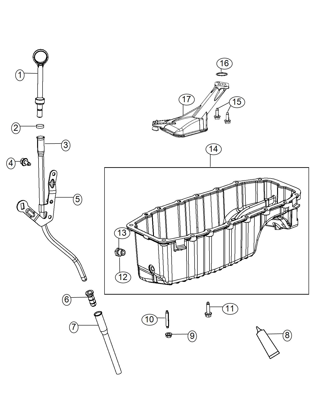 Engine Oil Pan, Engine Oil Level Indicator And Related Parts 1.4L Turbocharged [1.4L I4 MultiAir Turbo Engine]. Diagram