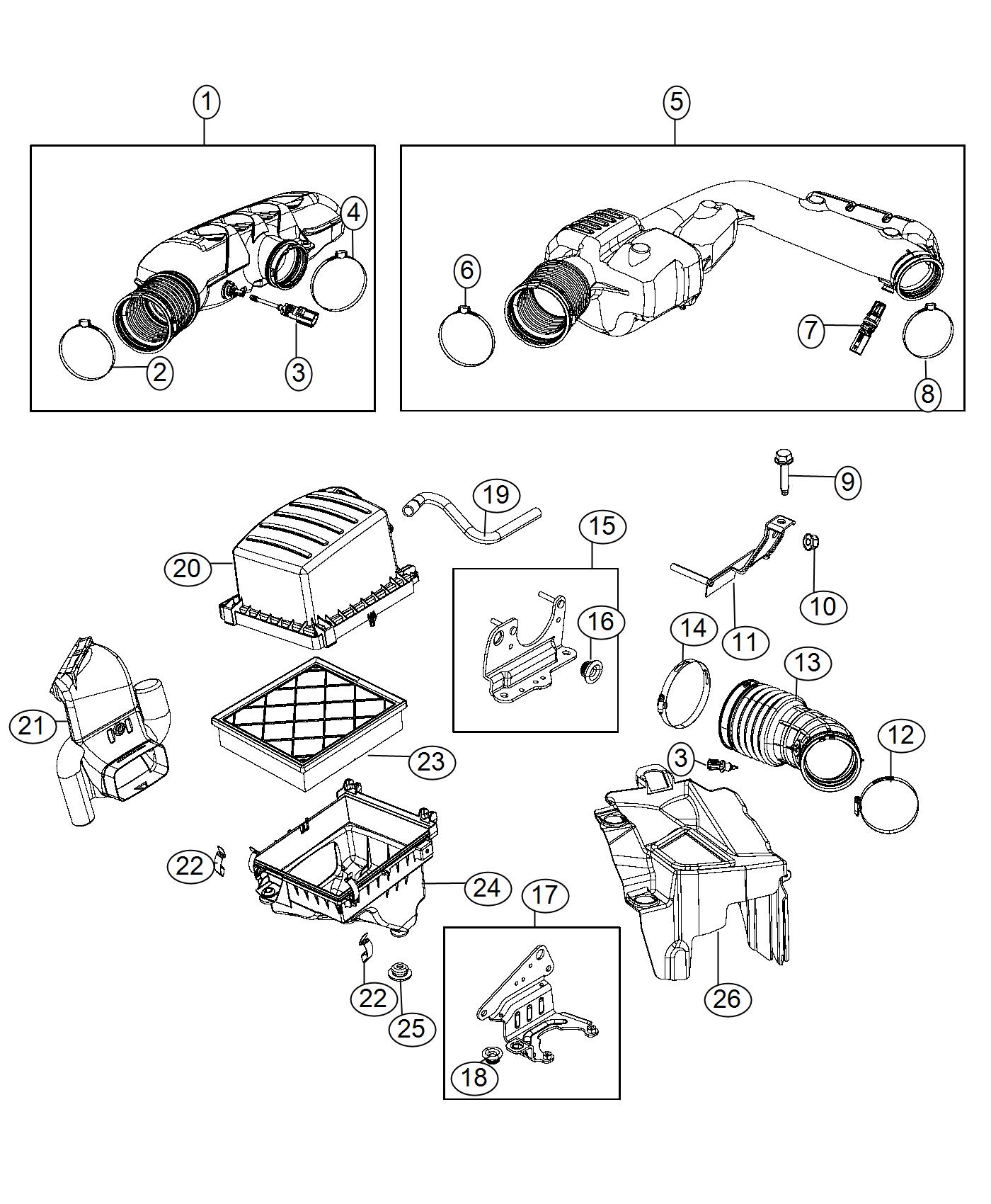 Diagram Air Cleaner 3.0L [3.0L V6 24V VVT Engine w/ESS], 5.7L [5.7L V8 MDS VVT ENGINE], 6.4L [6.4L V8 SRT HEMI MDS Engine]. for your Jeep Wrangler  