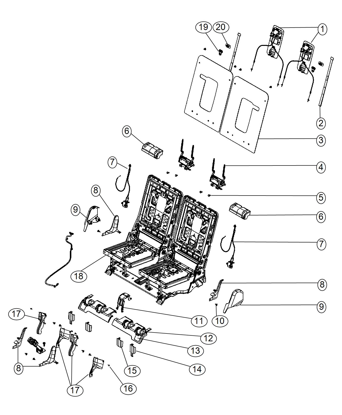 Diagram Third Row - Adjusters, Recliners and Shields - 50/50 Split Seat. for your Dodge