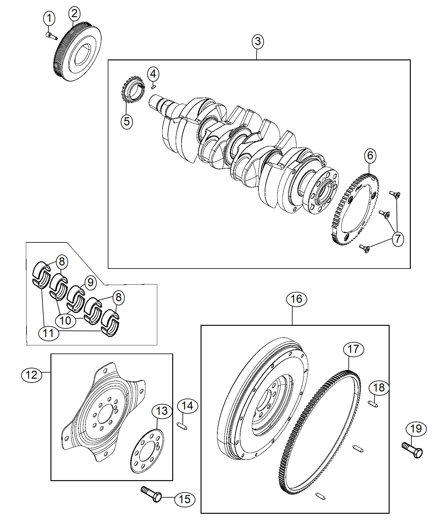 Diagram Crankshaft, Crankshaft Bearings And Flywheel 1.8L [1.8L I4 E-Torque Engine]. for your 1998 Jeep Wrangler   