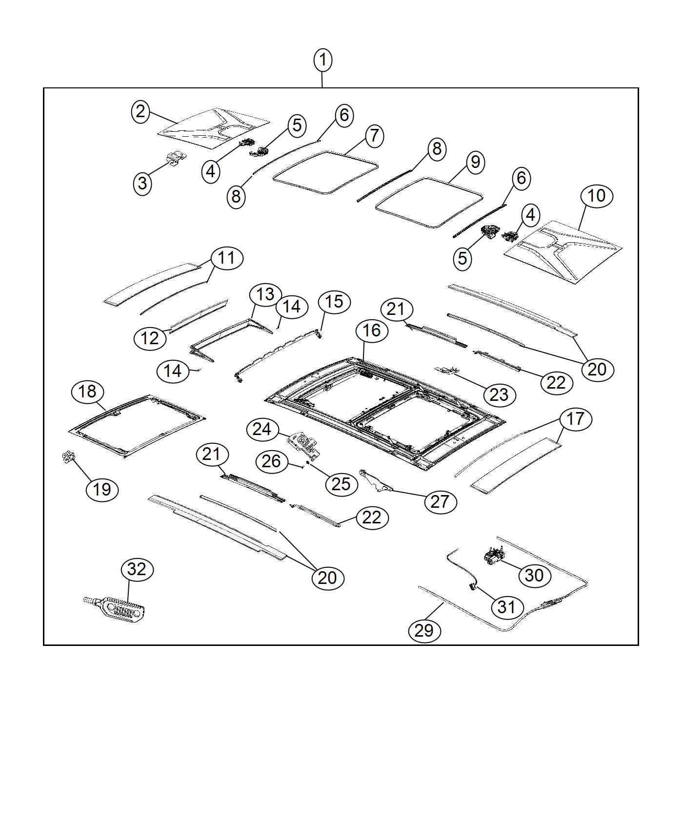 Diagram Sunroof and Related Parts. for your 1998 Dodge Ram 1500   