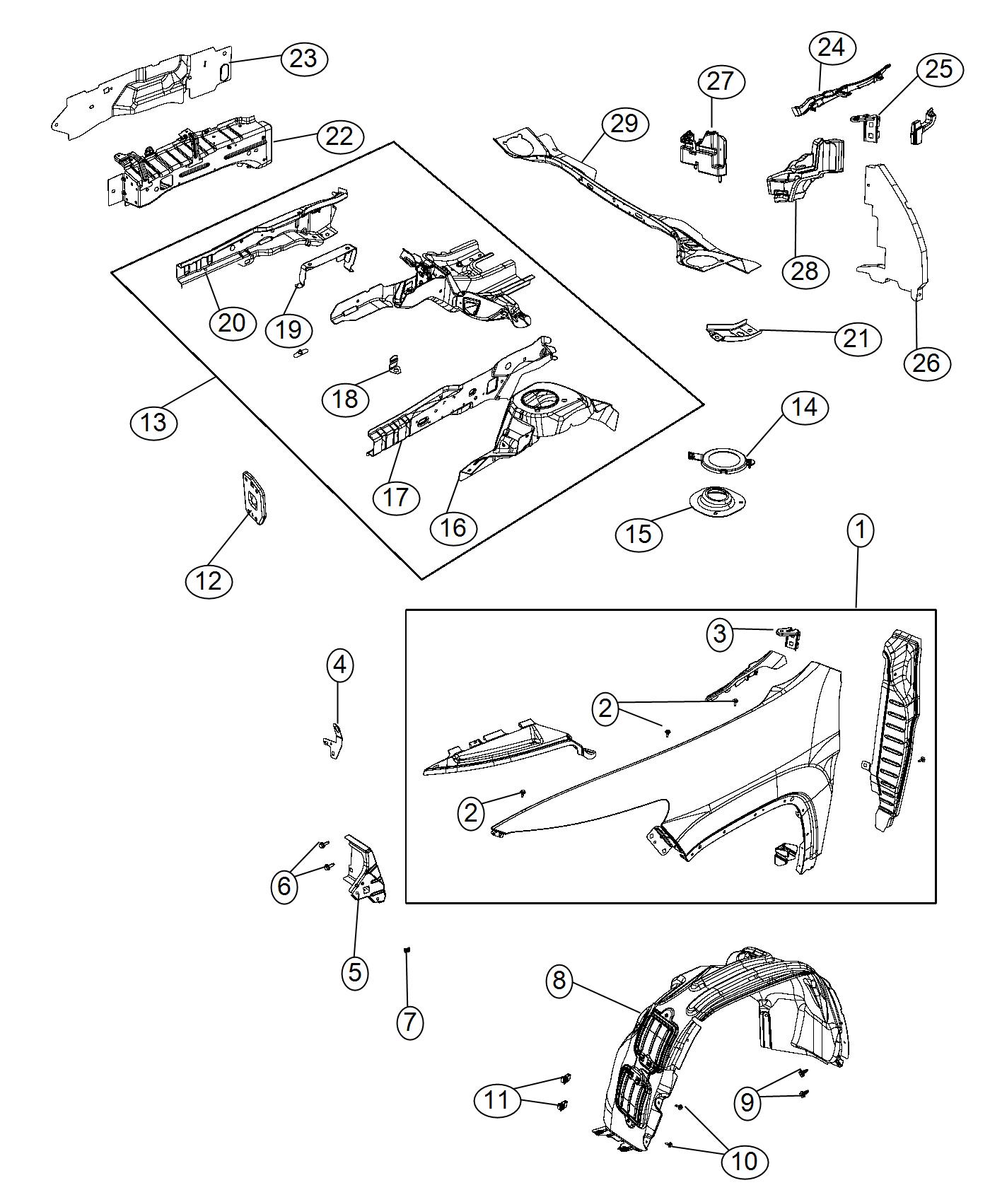 Diagram Front Fenders and Shields. for your Jeep