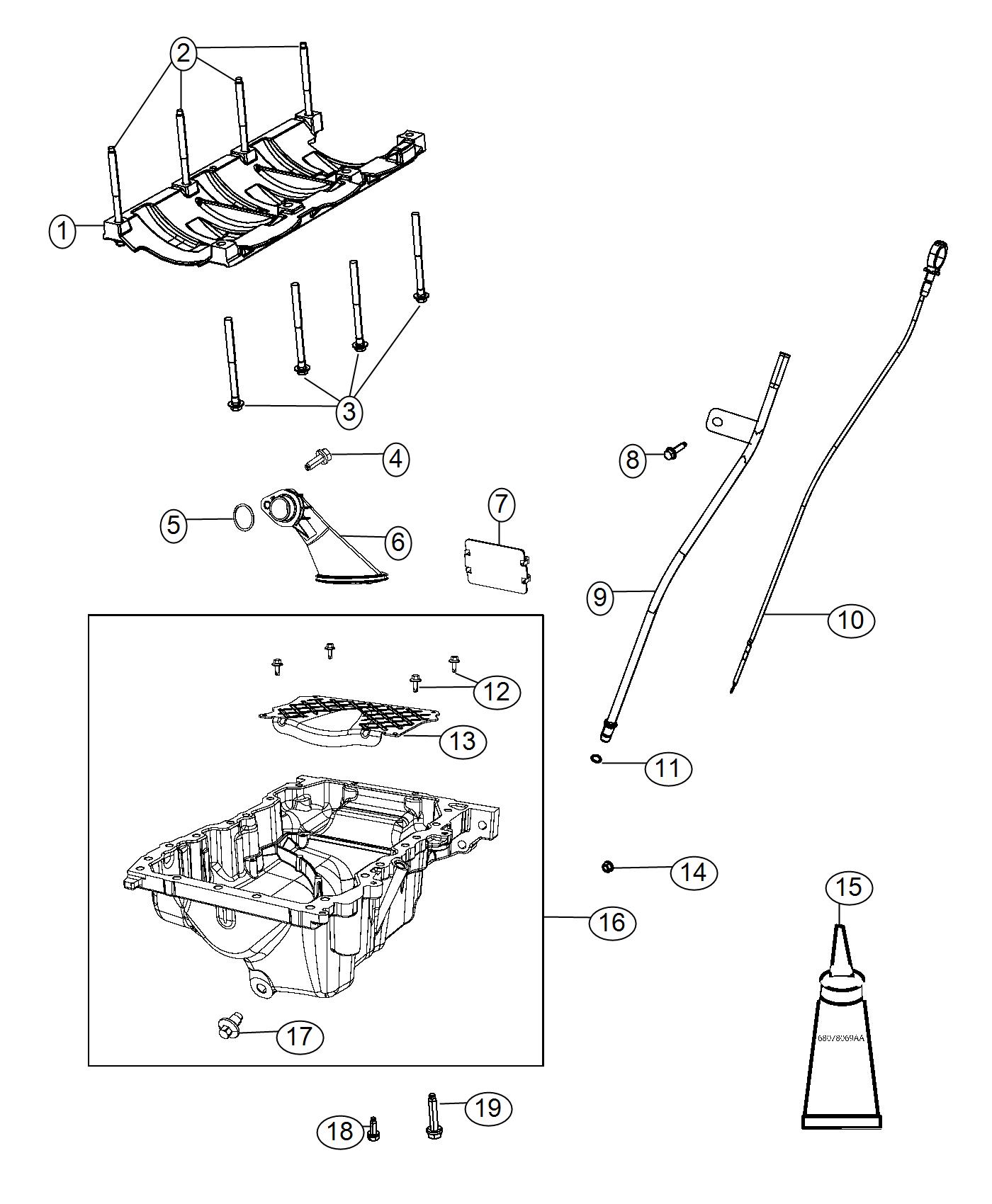 Diagram Engine Oil Pan, Engine Oil Level Indicator And Related Parts 3.6L. for your 2002 Chrysler 300  M 