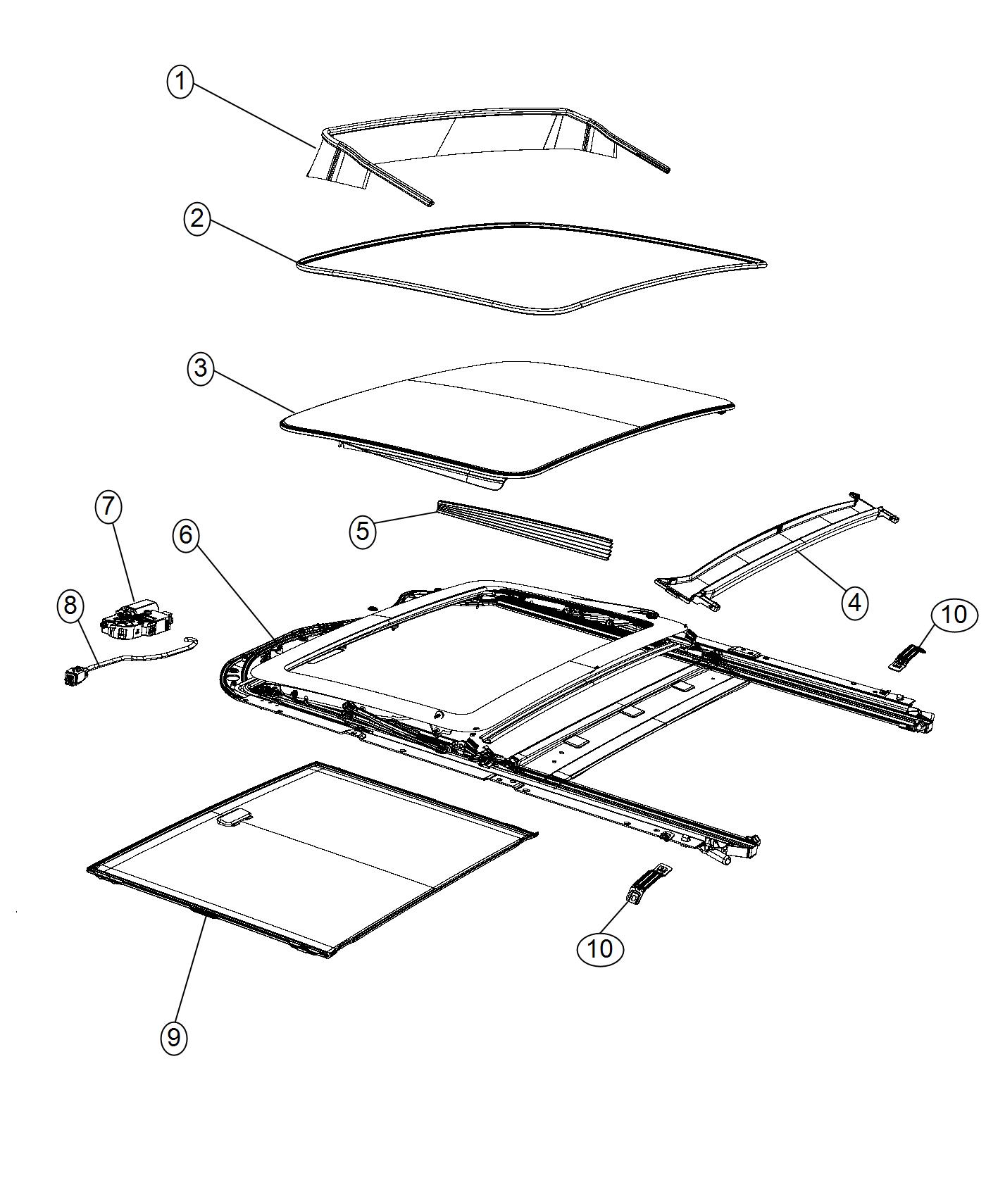 Diagram Sunroof Glass and Components Parts. for your Jeep