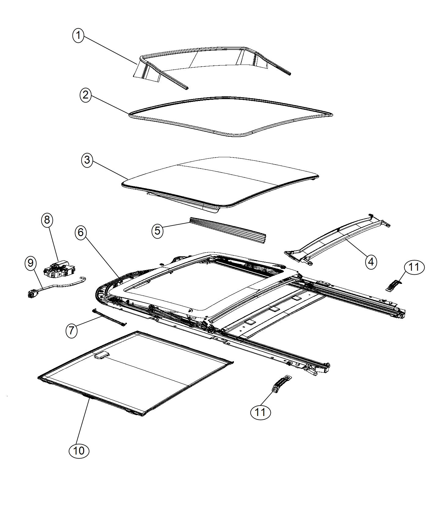 Diagram Sunroof Glass and Component Parts. for your Jeep