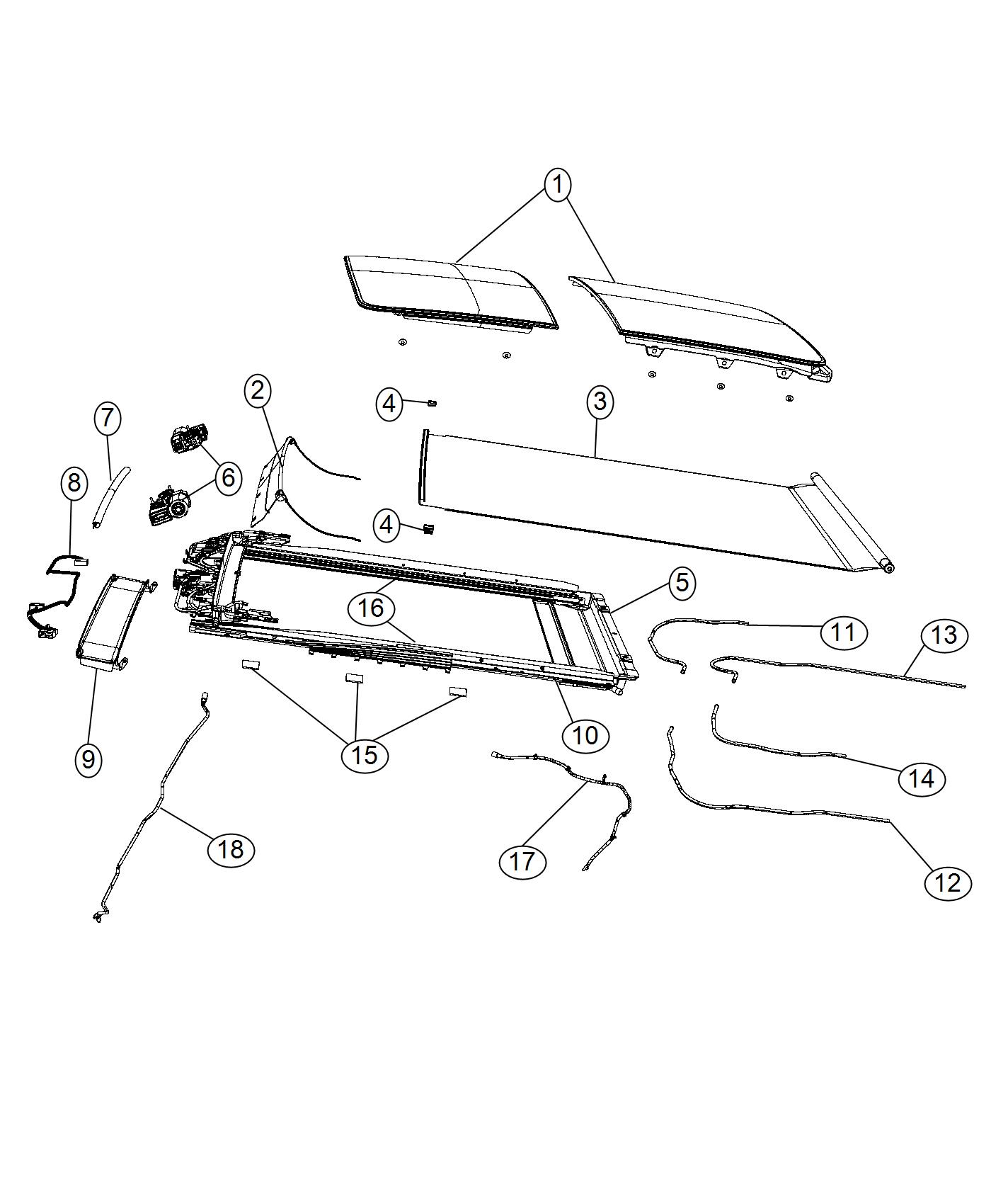 Diagram Sunroof and Related Parts [Full Sunroof, Pwr Frt, Fixed Rear]. for your Chrysler 200  